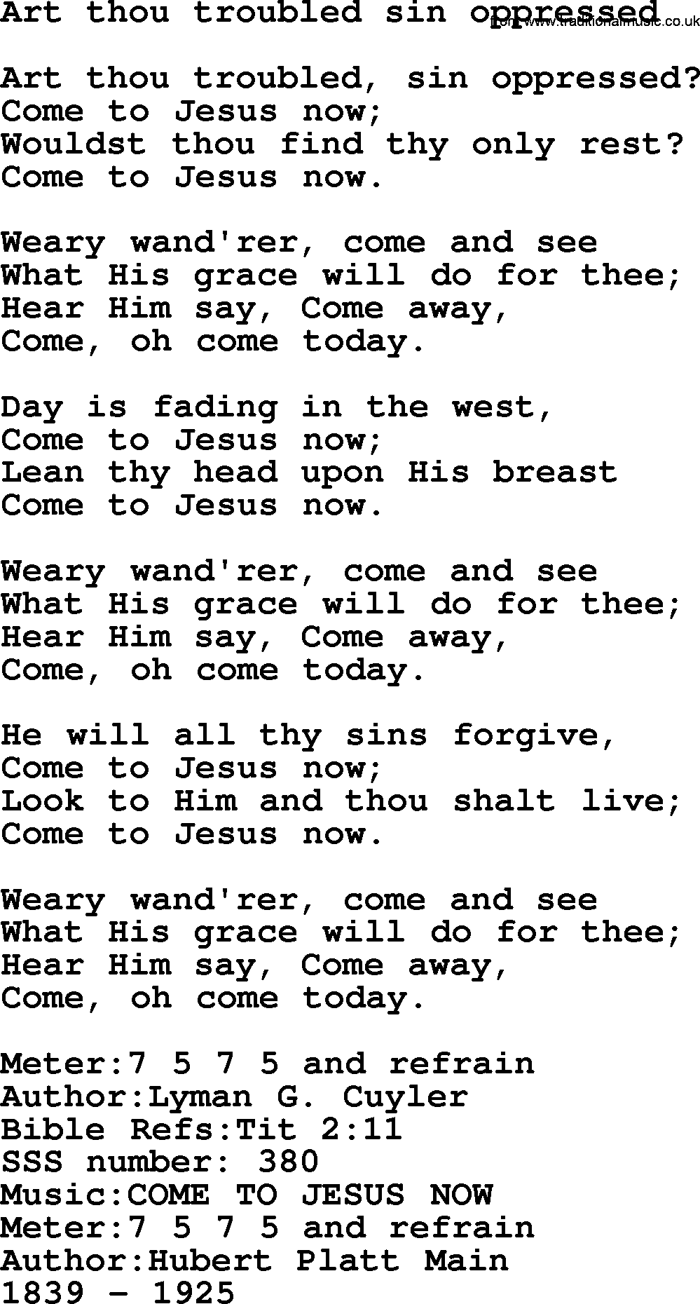 Sacred Songs and Solos complete, 1200 Hymns, title: Art Thou Troubled Sin Oppressed, lyrics and PDF