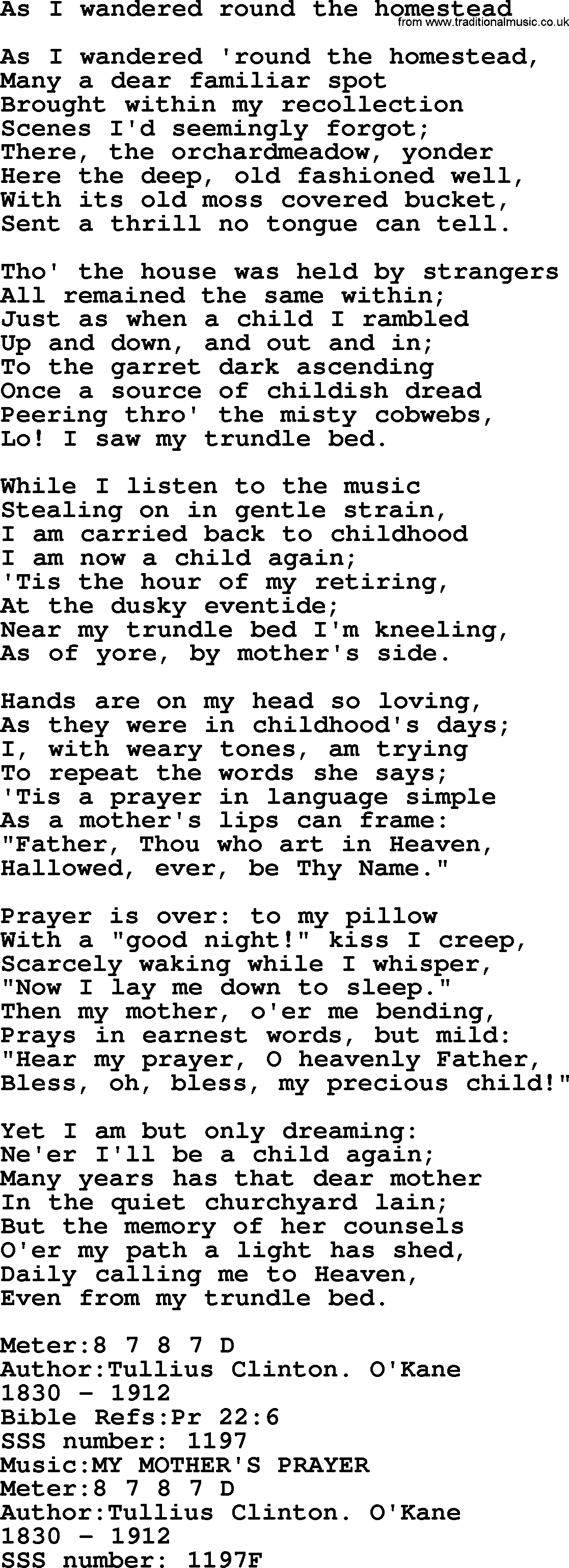 Sacred Songs and Solos complete, 1200 Hymns, title: As I Wandered Round The Homestead, lyrics and PDF