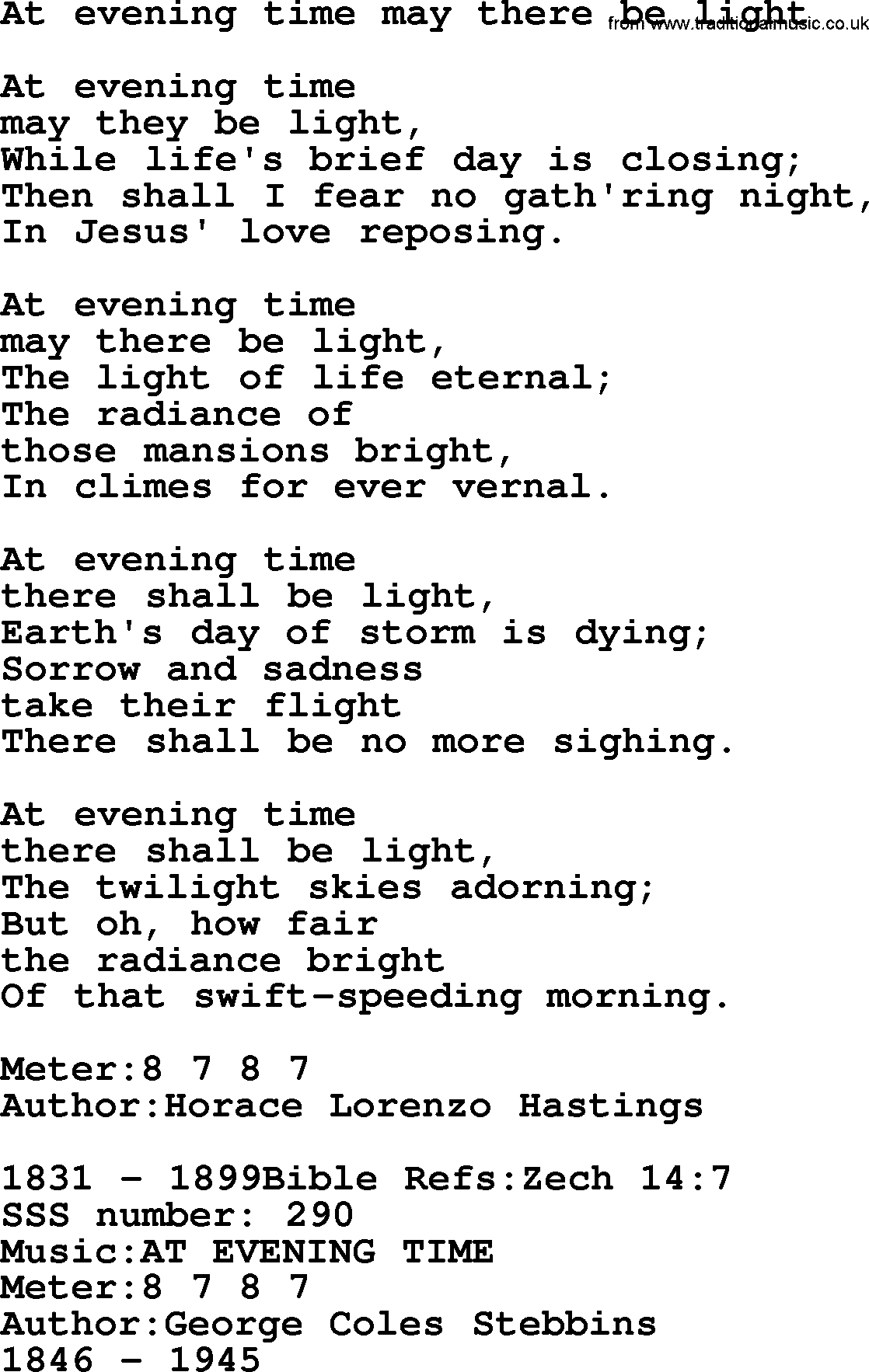 Sacred Songs and Solos complete, 1200 Hymns, title: At Evening Time May There Be Light, lyrics and PDF