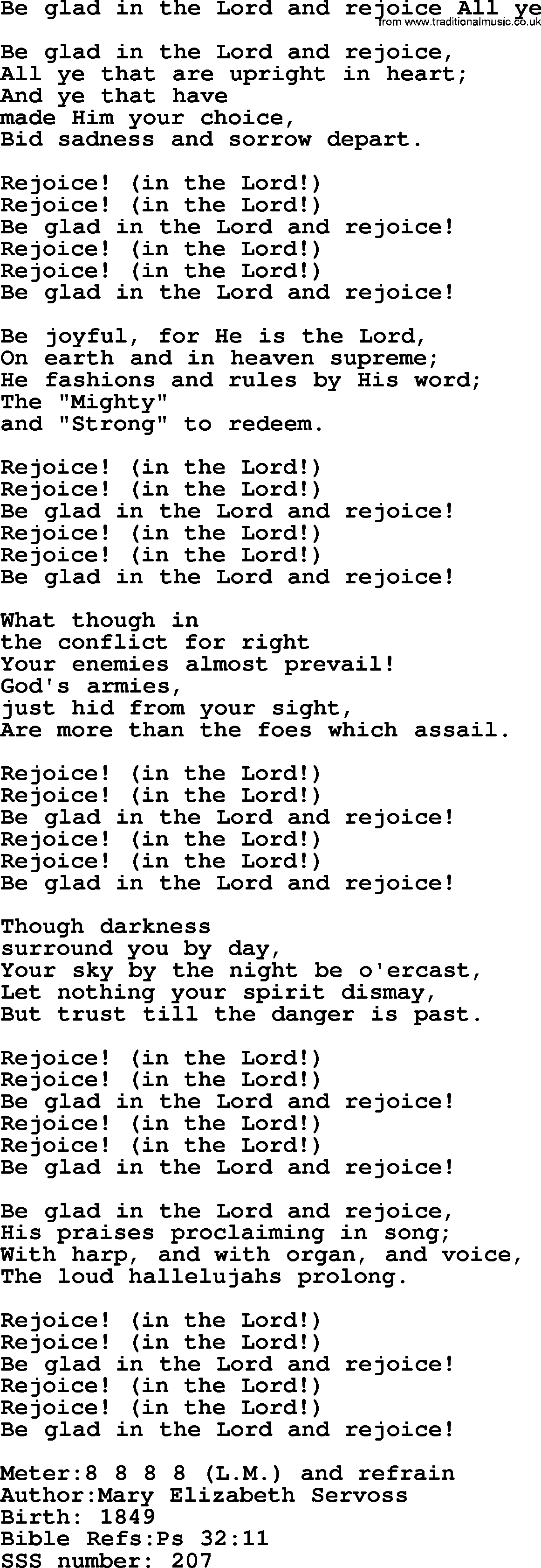 Sacred Songs and Solos complete, 1200 Hymns, title: Be Glad In The Lord And Rejoice All Ye, lyrics and PDF