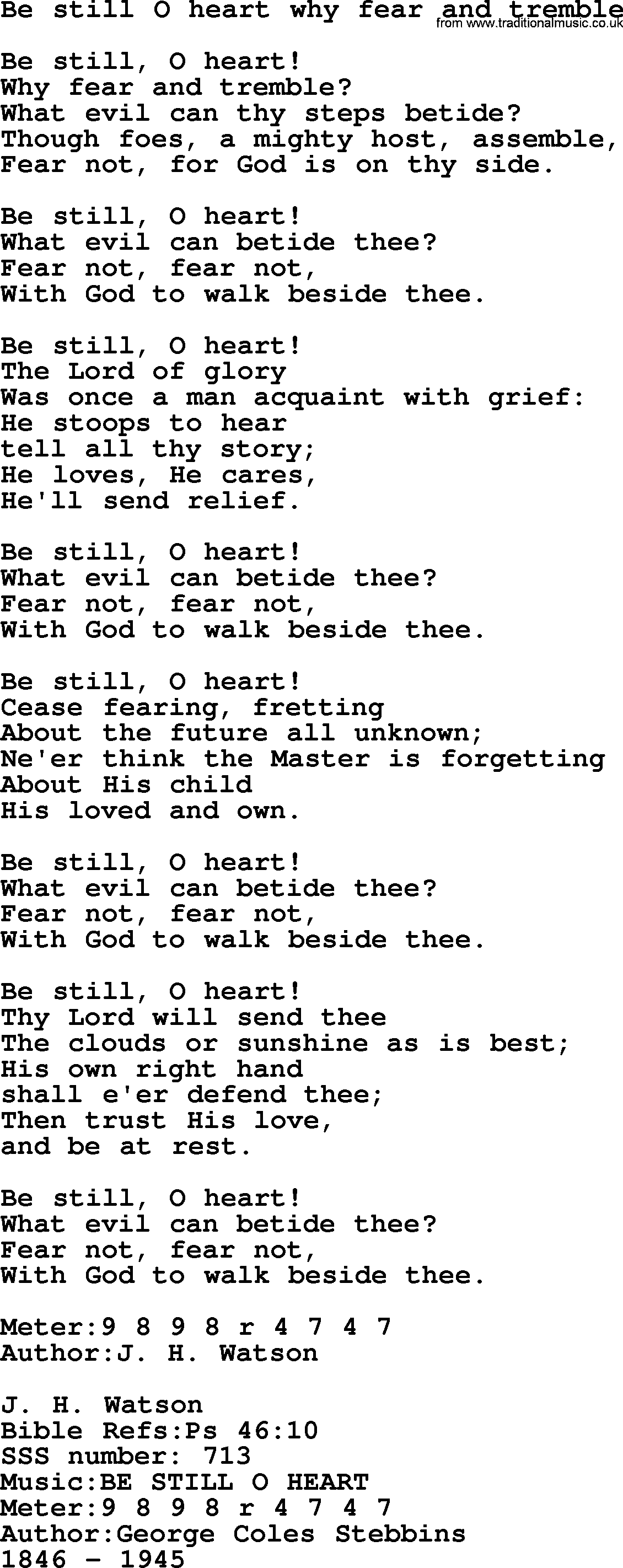 Sacred Songs and Solos complete, 1200 Hymns, title: Be Still O Heart Why Fear And Tremble, lyrics and PDF