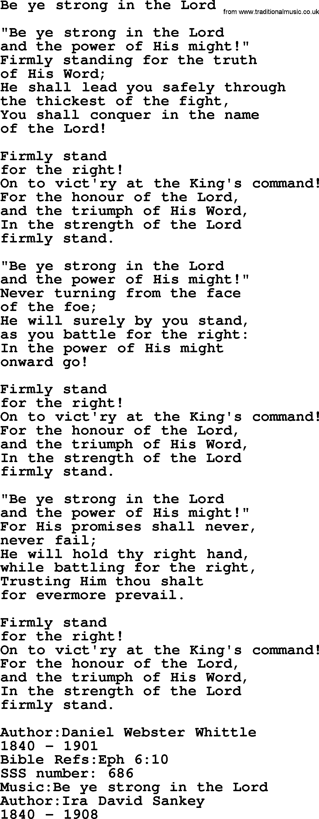 Sacred Songs and Solos complete, 1200 Hymns, title: Be Ye Strong In The Lord, lyrics and PDF