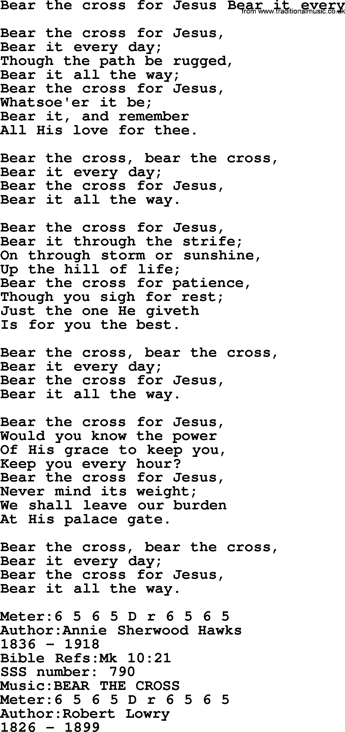 Sacred Songs and Solos complete, 1200 Hymns, title: Bear The Cross For Jesus Bear It Every, lyrics and PDF