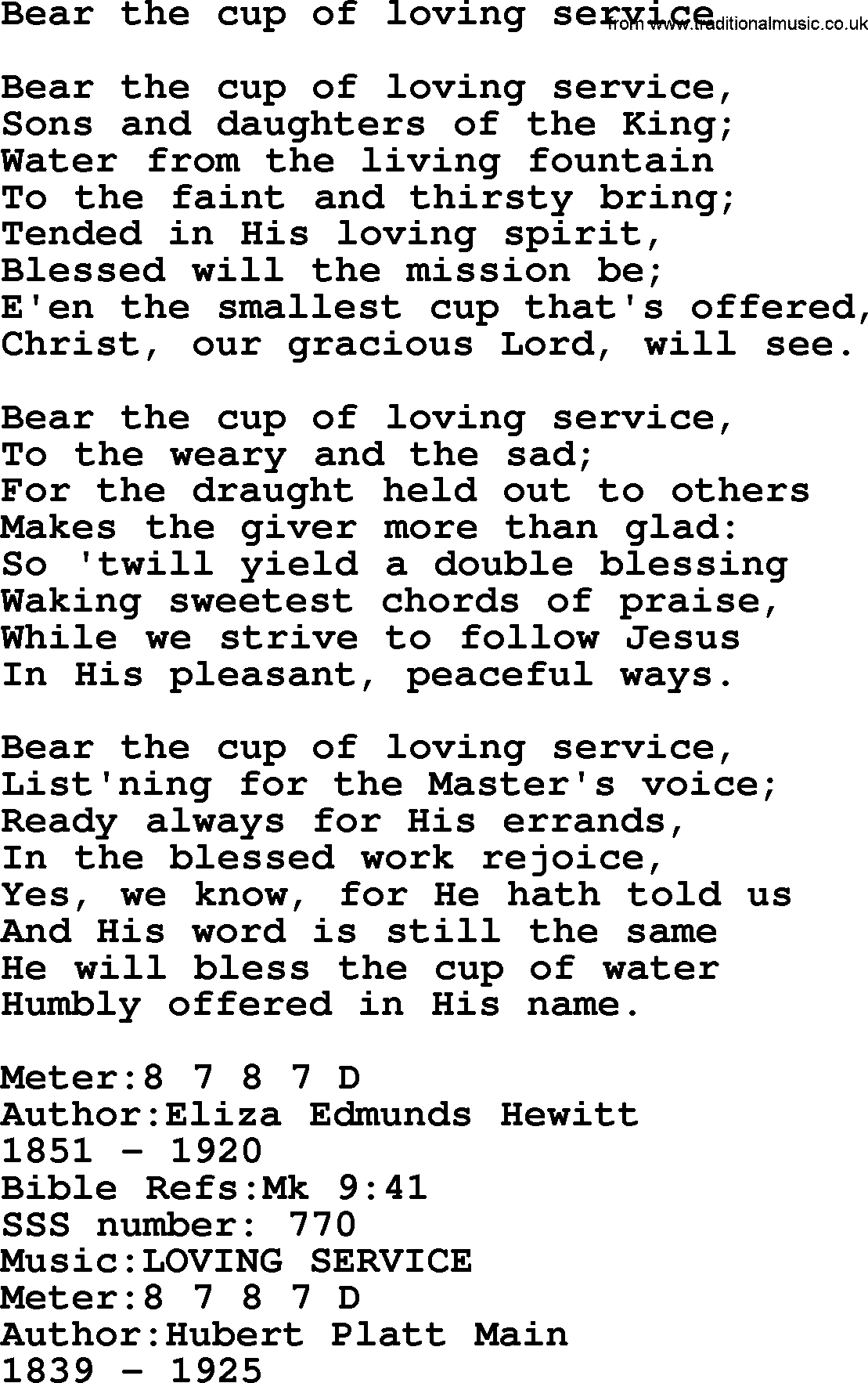 Sacred Songs and Solos complete, 1200 Hymns, title: Bear The Cup Of Loving Service, lyrics and PDF