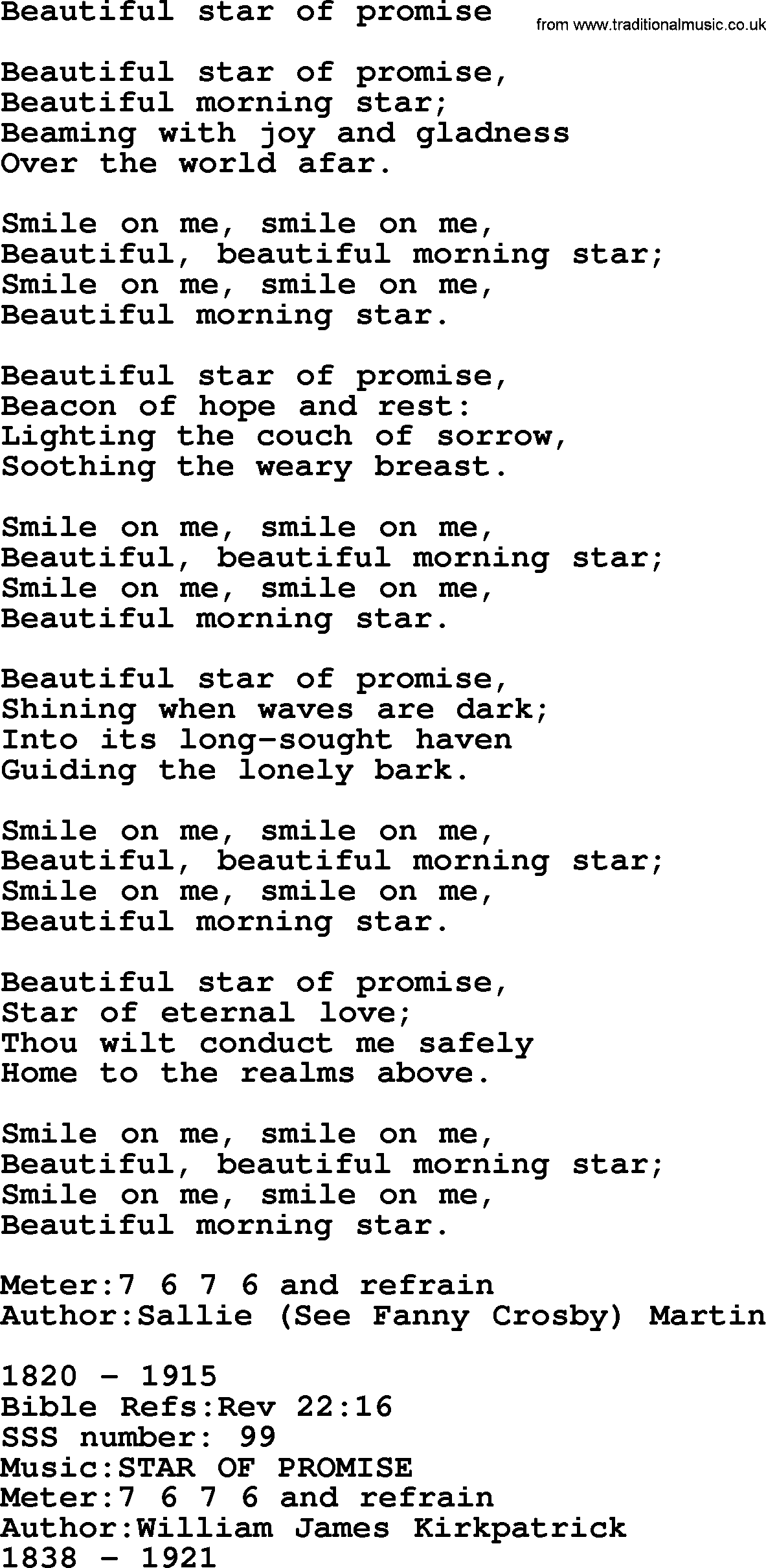 Sacred Songs and Solos complete, 1200 Hymns, title: Beautiful Star Of Promise, lyrics and PDF