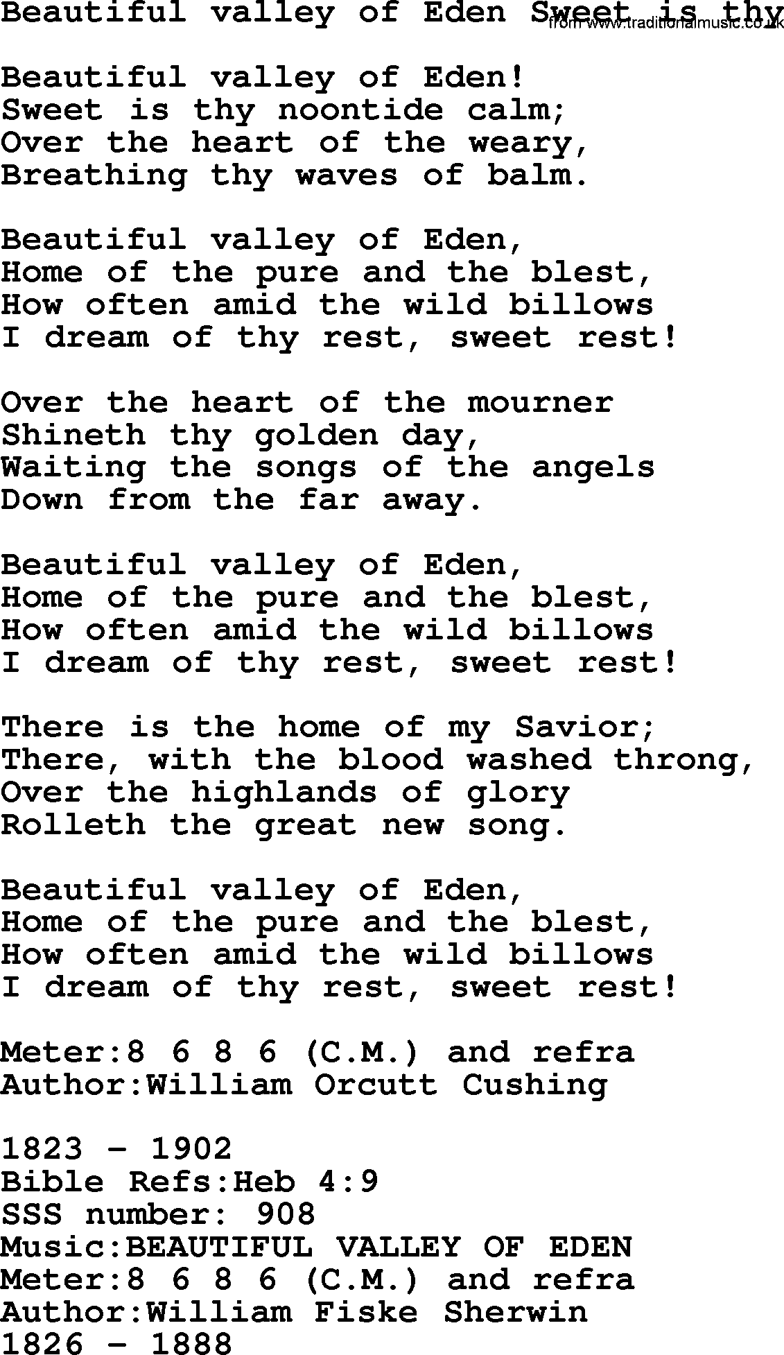 Sacred Songs and Solos complete, 1200 Hymns, title: Beautiful Valley Of Eden Sweet Is Thy, lyrics and PDF