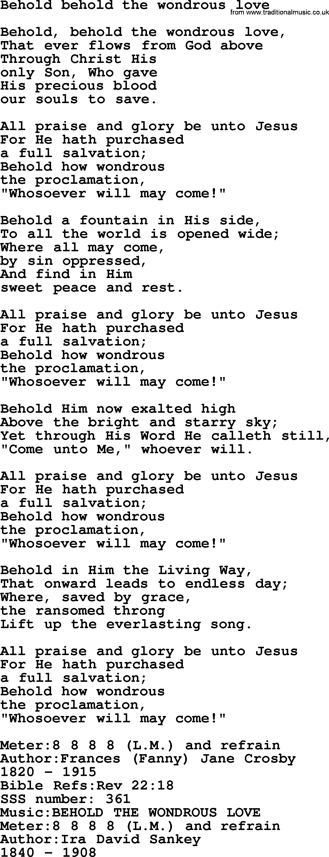 Sacred Songs and Solos complete, 1200 Hymns, title: Behold Behold The Wondrous Love, lyrics and PDF