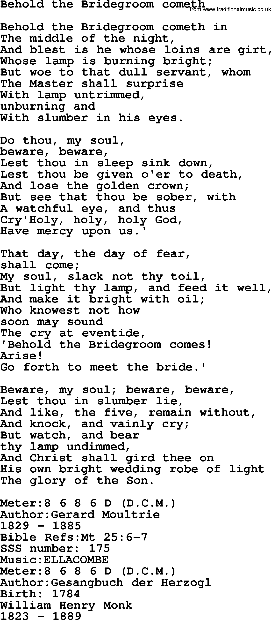 Sacred Songs and Solos complete, 1200 Hymns, title: Behold The Bridegroom Cometh, lyrics and PDF
