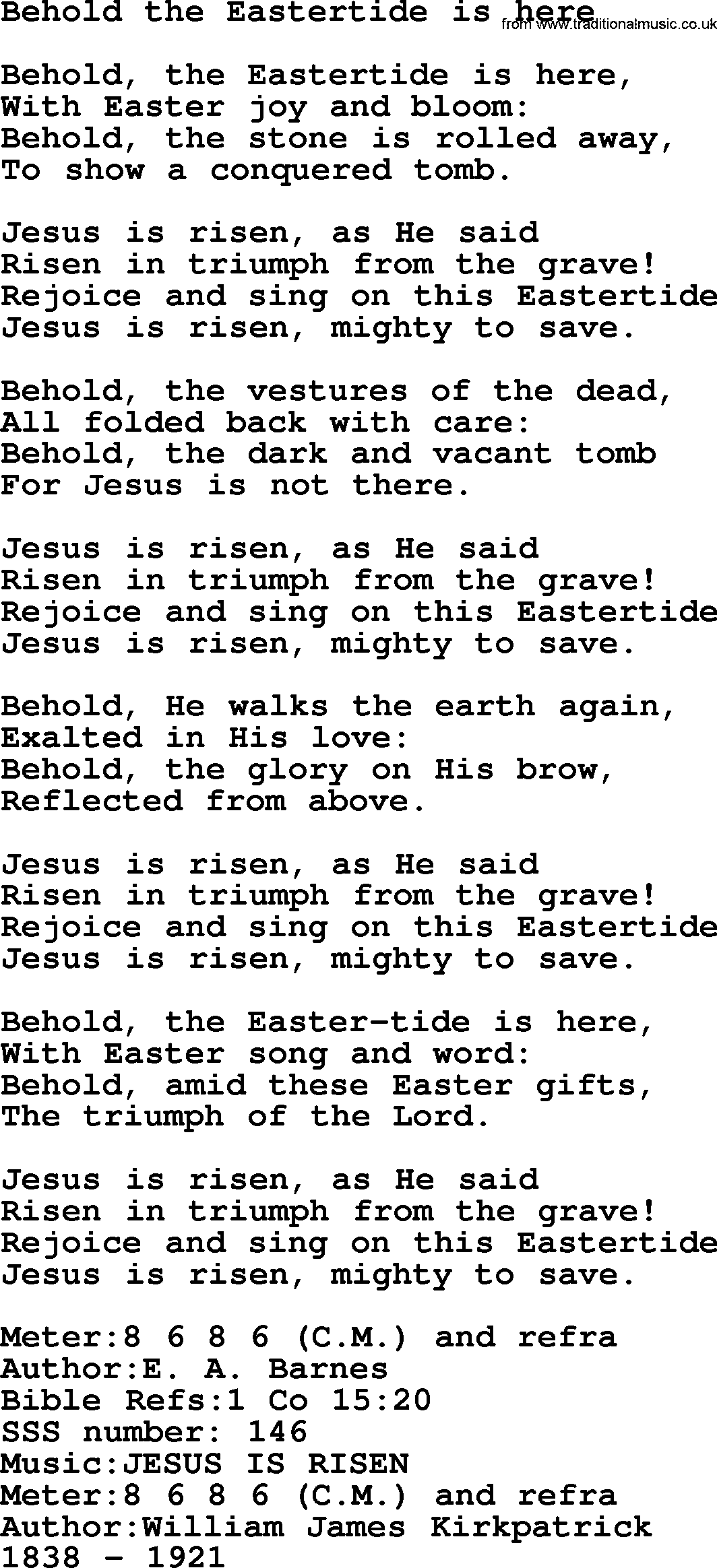 Sacred Songs and Solos complete, 1200 Hymns, title: Behold The Eastertide Is Here, lyrics and PDF