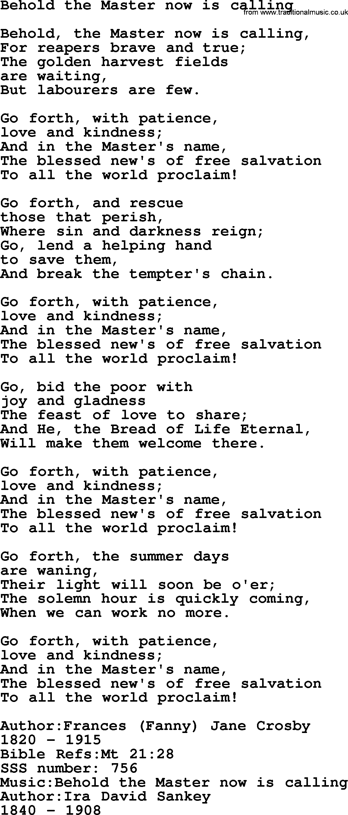 Sacred Songs and Solos complete, 1200 Hymns, title: Behold The Master Now Is Calling, lyrics and PDF
