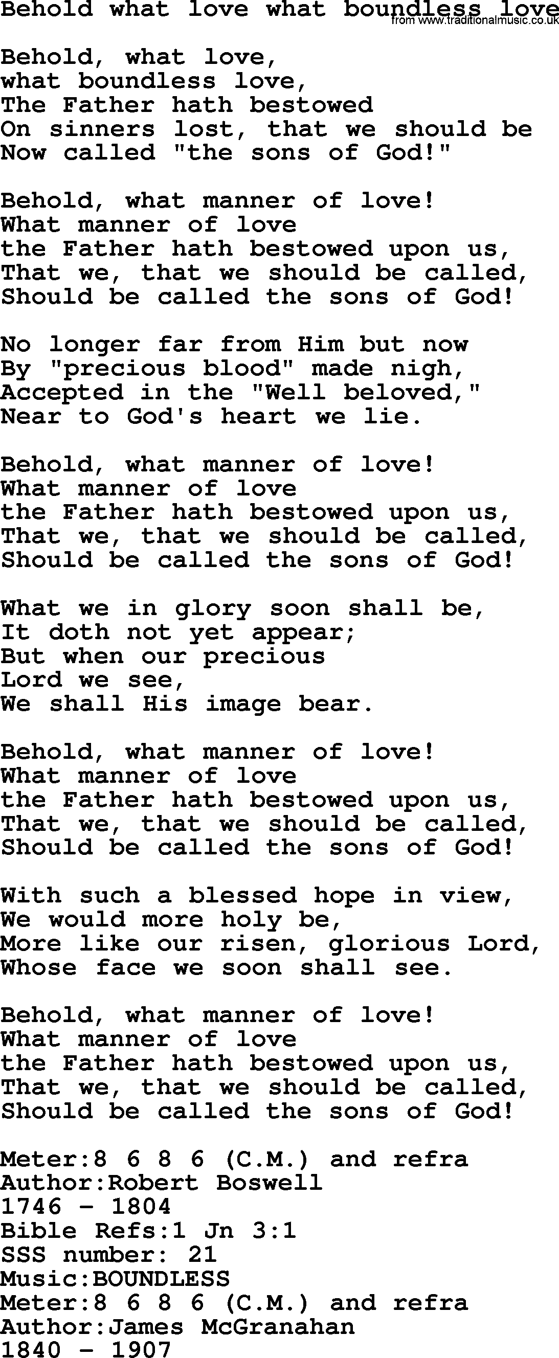 Sacred Songs and Solos complete, 1200 Hymns, title: Behold What Love What Boundless Love, lyrics and PDF