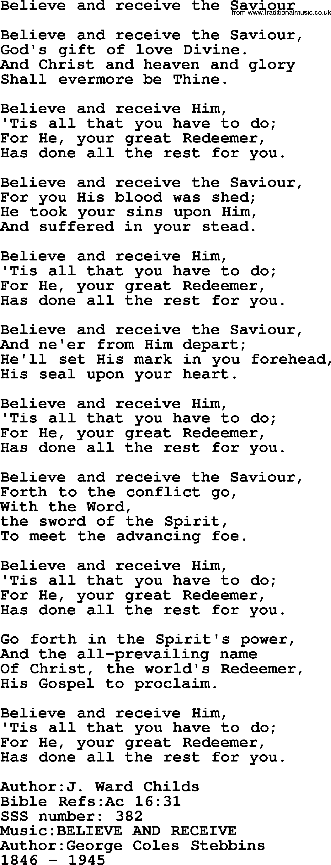 Sacred Songs and Solos complete, 1200 Hymns, title: Believe And Receive The Saviour, lyrics and PDF