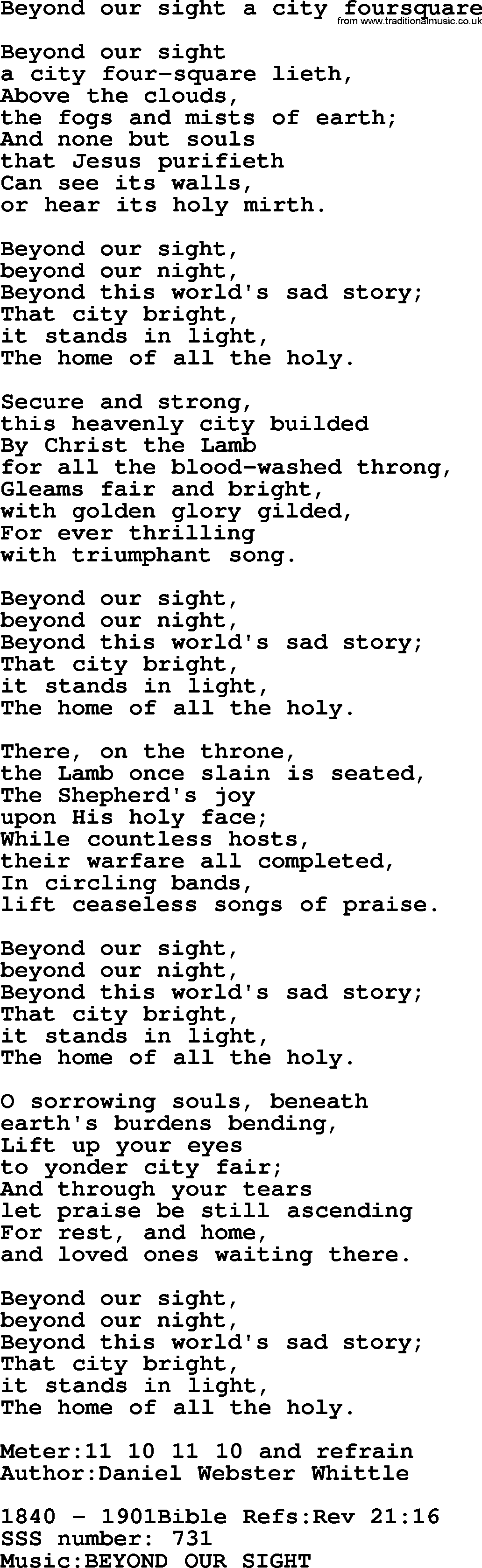 Sacred Songs and Solos complete, 1200 Hymns, title: Beyond Our Sight A City Foursquare, lyrics and PDF