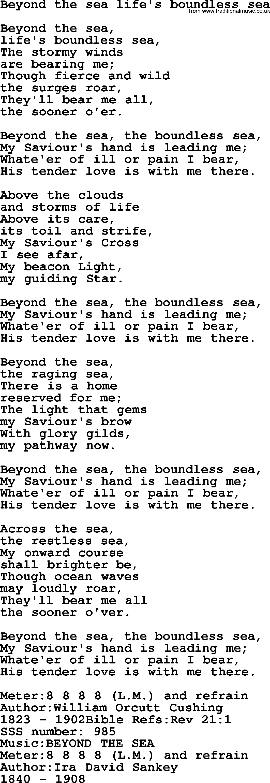 Sacred Songs and Solos complete, 1200 Hymns, title: Beyond The Sea Life's Boundless Sea, lyrics and PDF