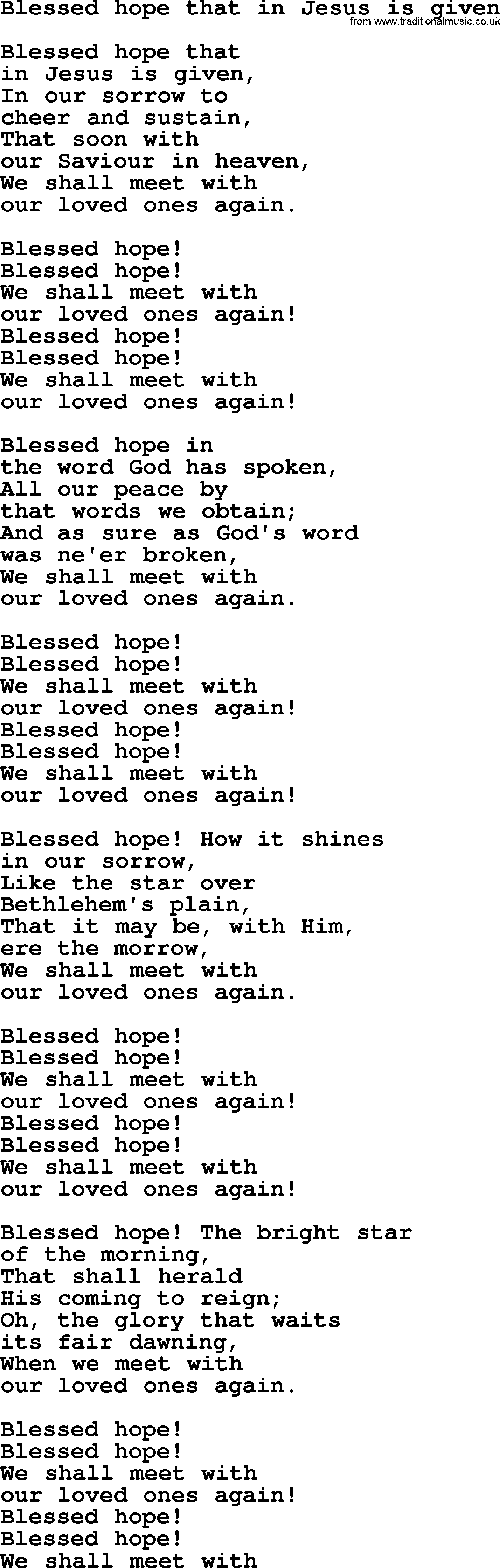Sacred Songs and Solos complete, 1200 Hymns, title: Blessed Hope That In Jesus Is Given, lyrics and PDF