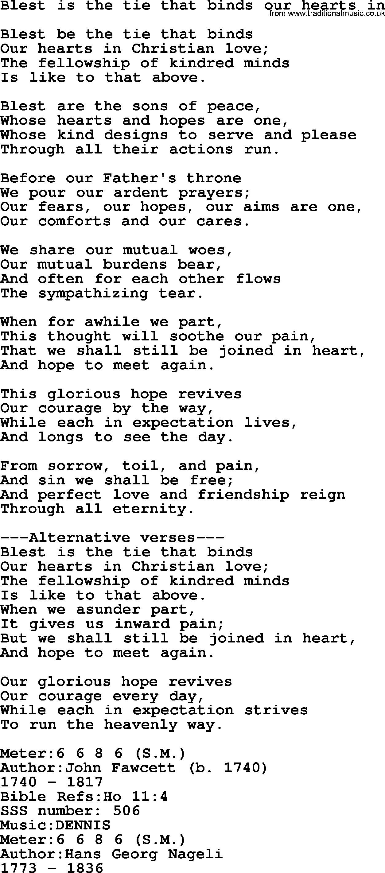 Sacred Songs and Solos complete, 1200 Hymns, title: Blest Is The Tie That Binds Our Hearts In, lyrics and PDF