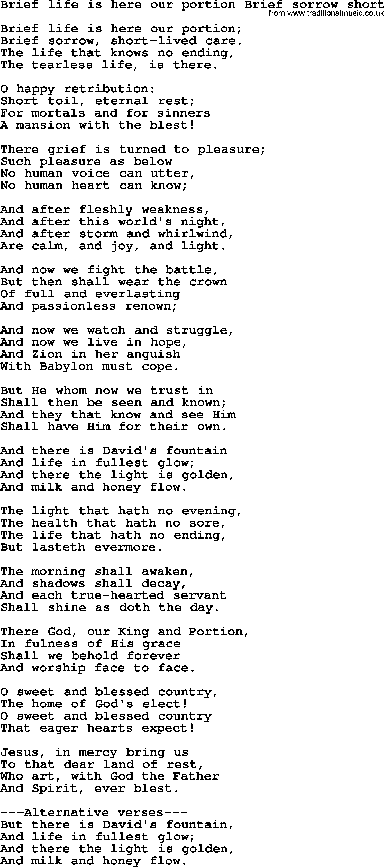 Sacred Songs and Solos complete, 1200 Hymns, title: Brief Life Is Here Our Portion Brief Sorrow Short, lyrics and PDF