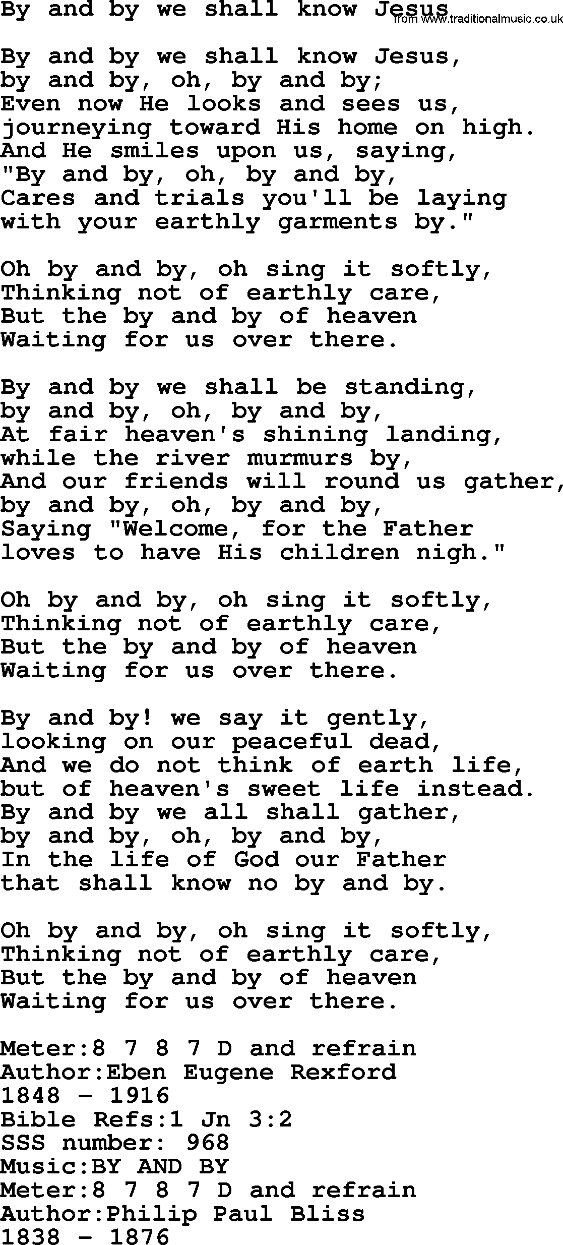 Sacred Songs and Solos complete, 1200 Hymns, title: By And By We Shall Know Jesus, lyrics and PDF