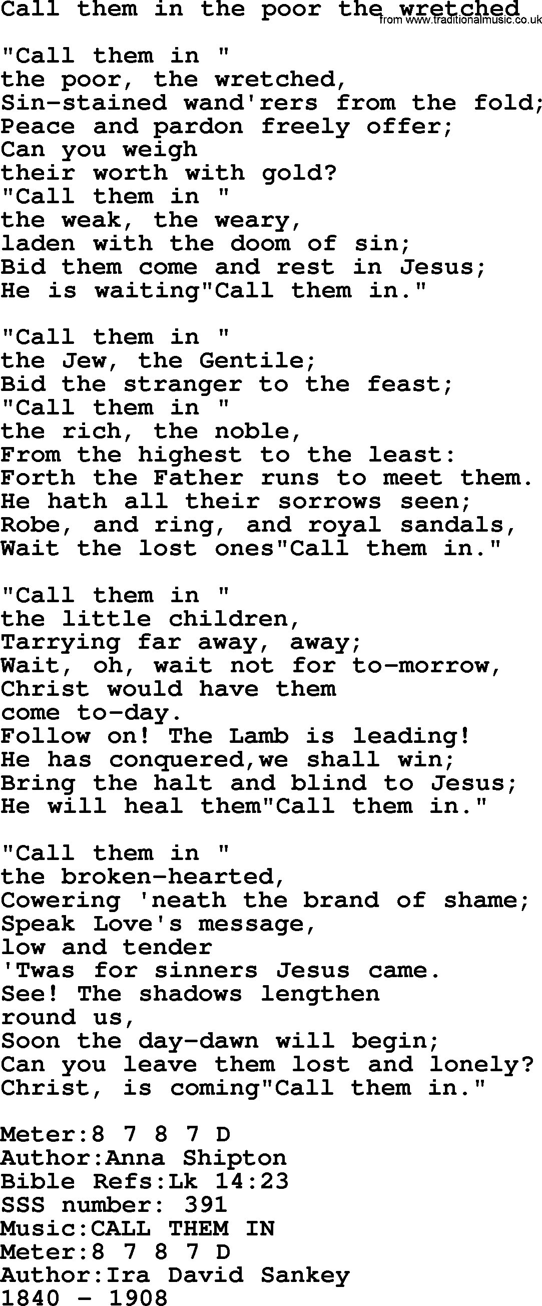 Sacred Songs and Solos complete, 1200 Hymns, title: Call Them In The Poor The Wretched, lyrics and PDF