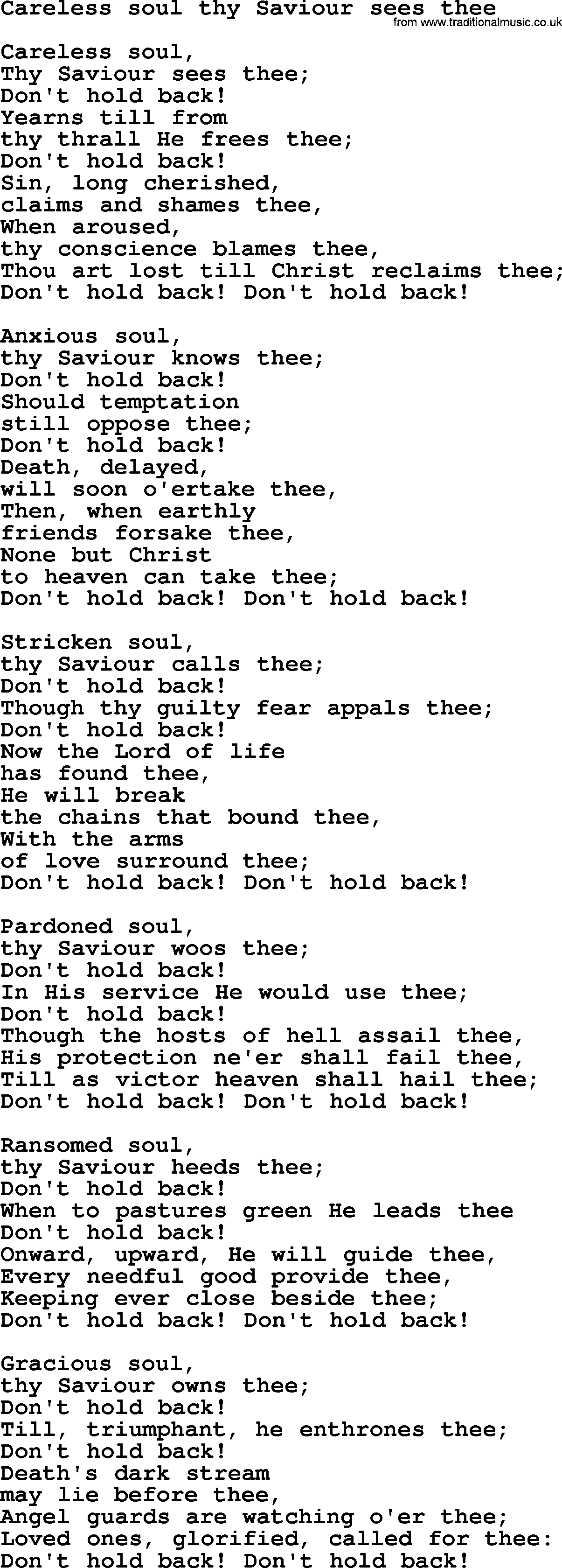 Sacred Songs and Solos complete, 1200 Hymns, title: Careless Soul Thy Saviour Sees Thee, lyrics and PDF