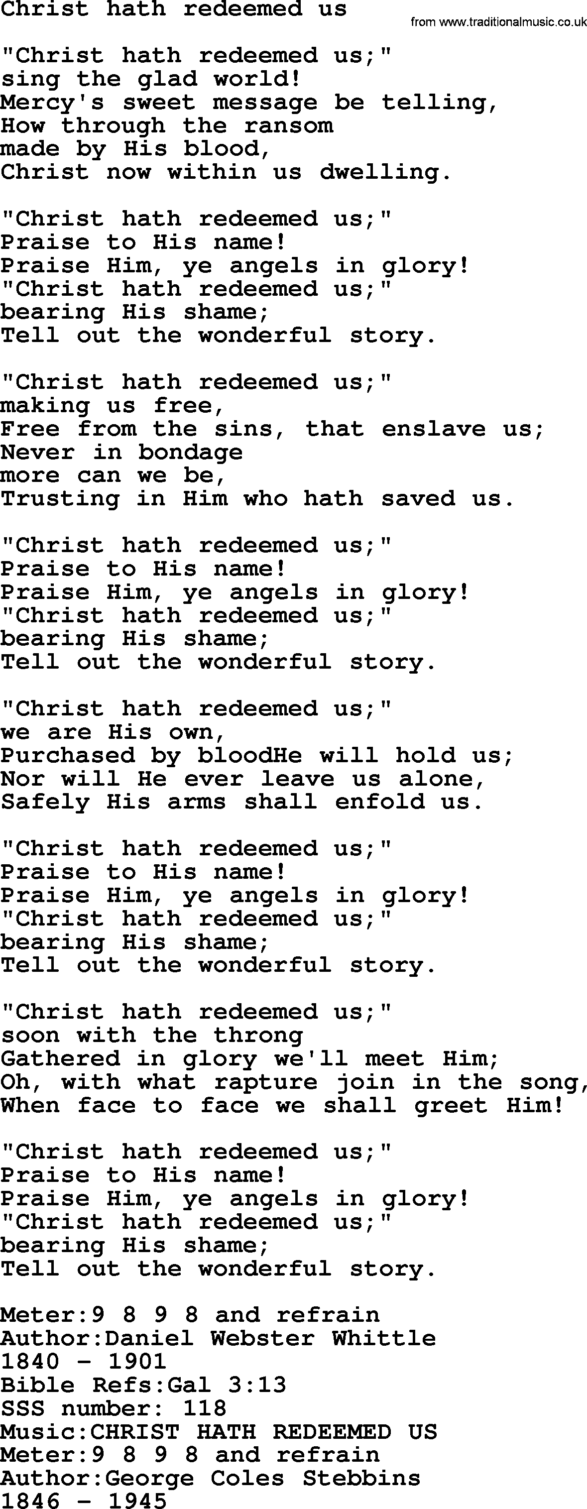Sacred Songs and Solos complete, 1200 Hymns, title: Christ Hath Redeemed Us, lyrics and PDF