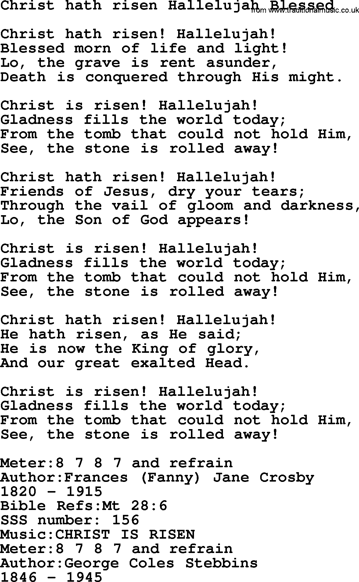 Sacred Songs and Solos complete, 1200 Hymns, title: Christ Hath Risen Hallelujah Blessed, lyrics and PDF