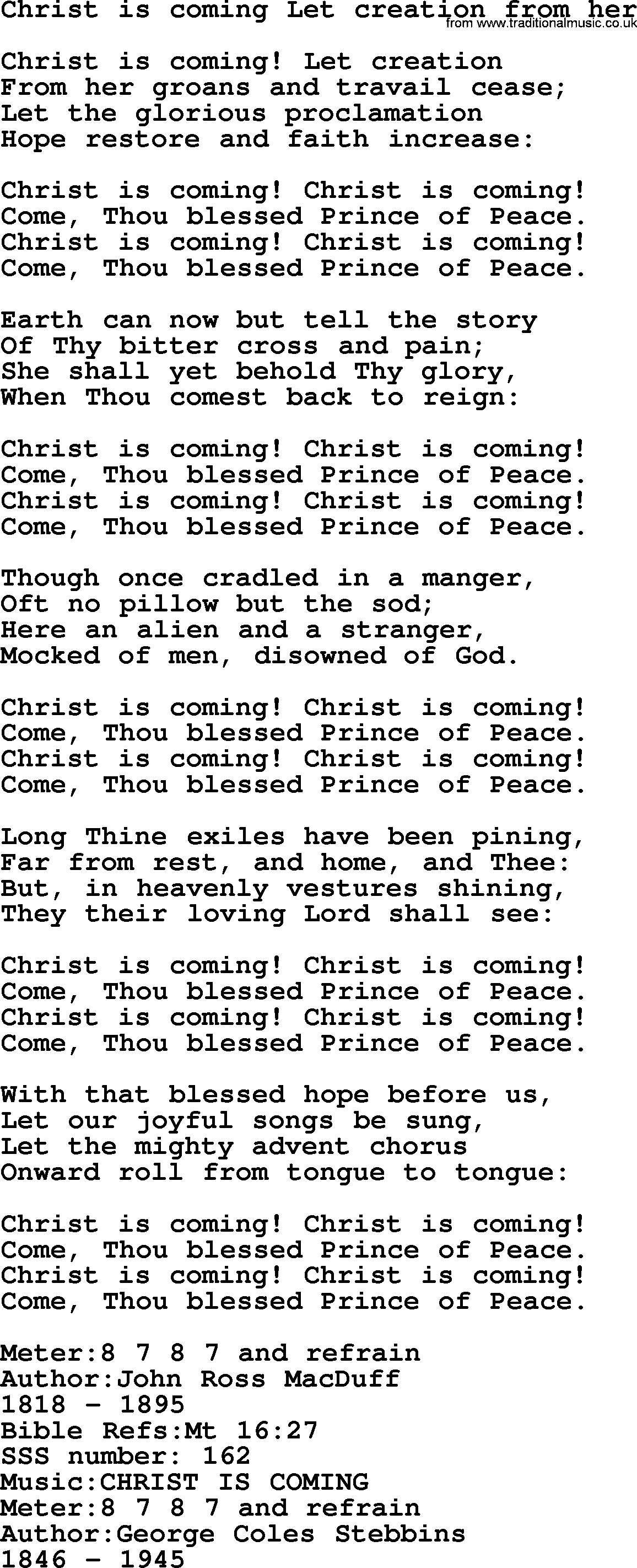 Sacred Songs and Solos complete, 1200 Hymns, title: Christ Is Coming Let Creation From Her, lyrics and PDF