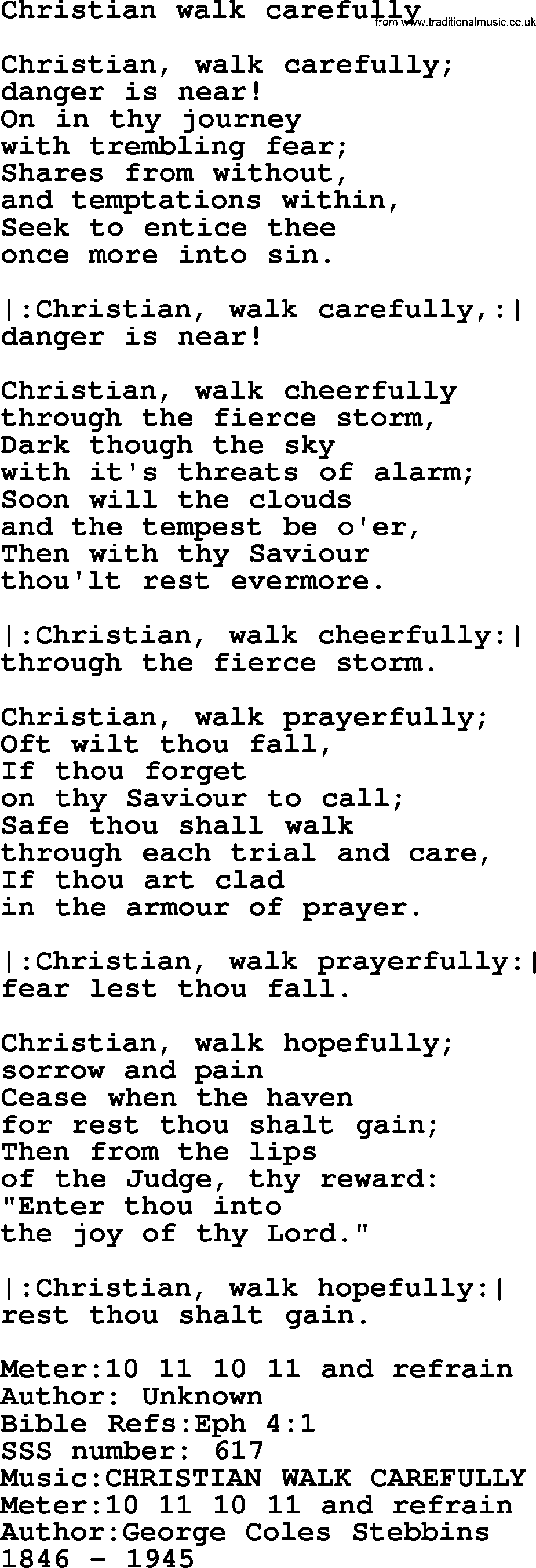 Sacred Songs and Solos complete, 1200 Hymns, title: Christian Walk Carefully, lyrics and PDF