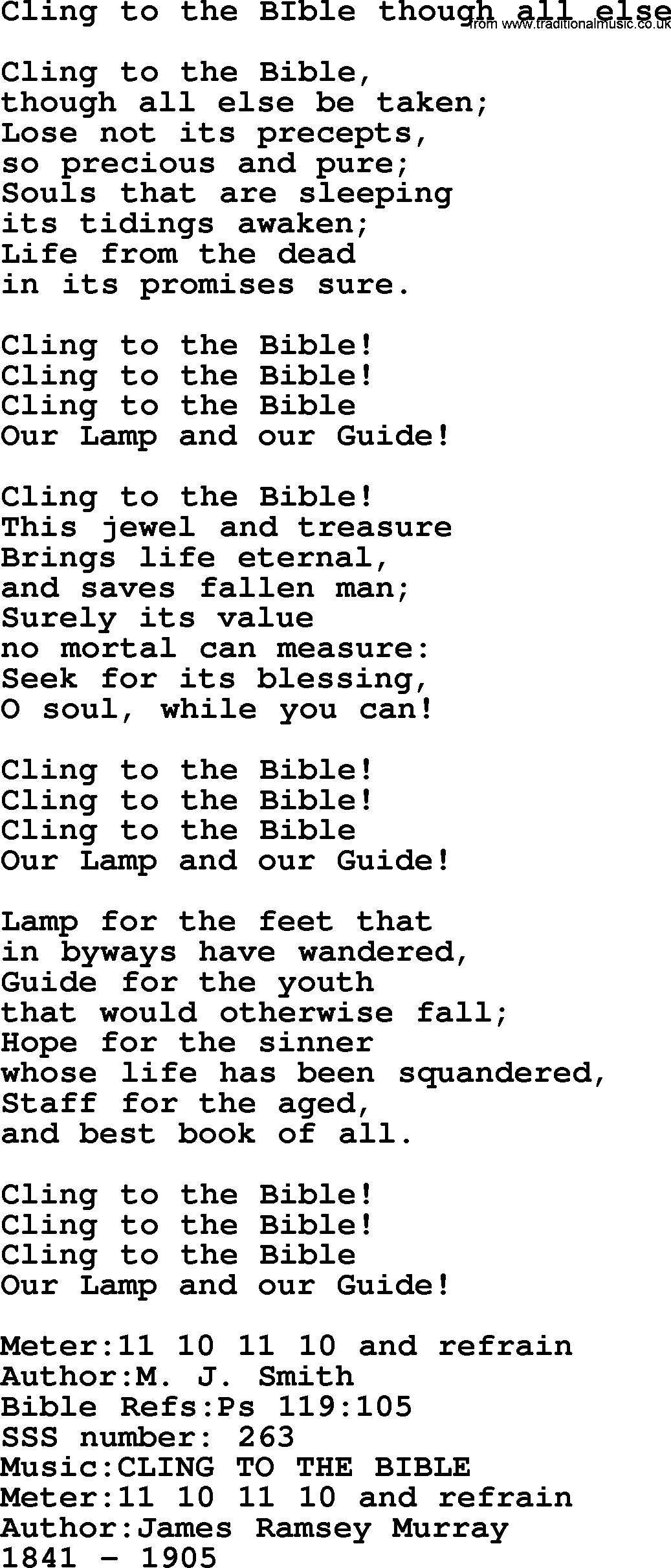 Sacred Songs and Solos complete, 1200 Hymns, title: Cling To The BIble Though All Else, lyrics and PDF
