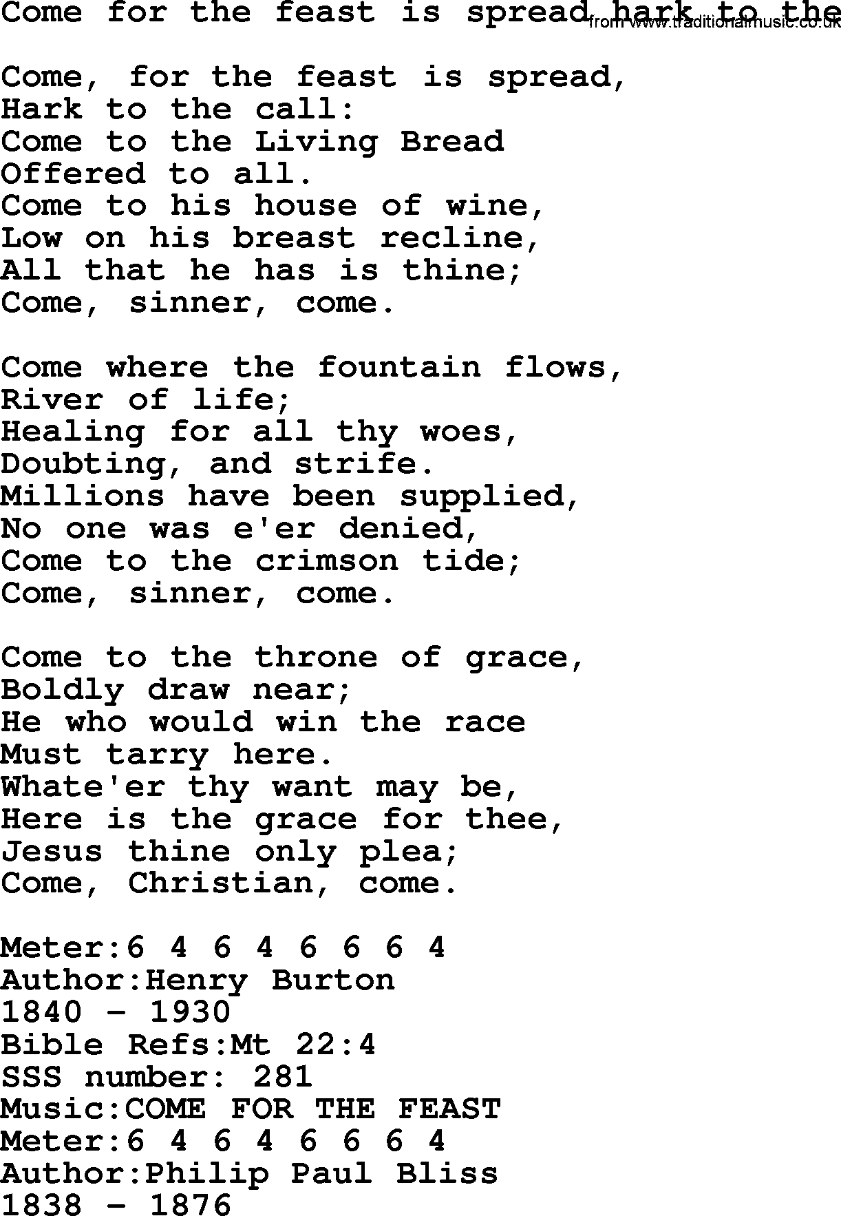 Sacred Songs and Solos complete, 1200 Hymns, title: Come For The Feast Is Spread Hark To The, lyrics and PDF