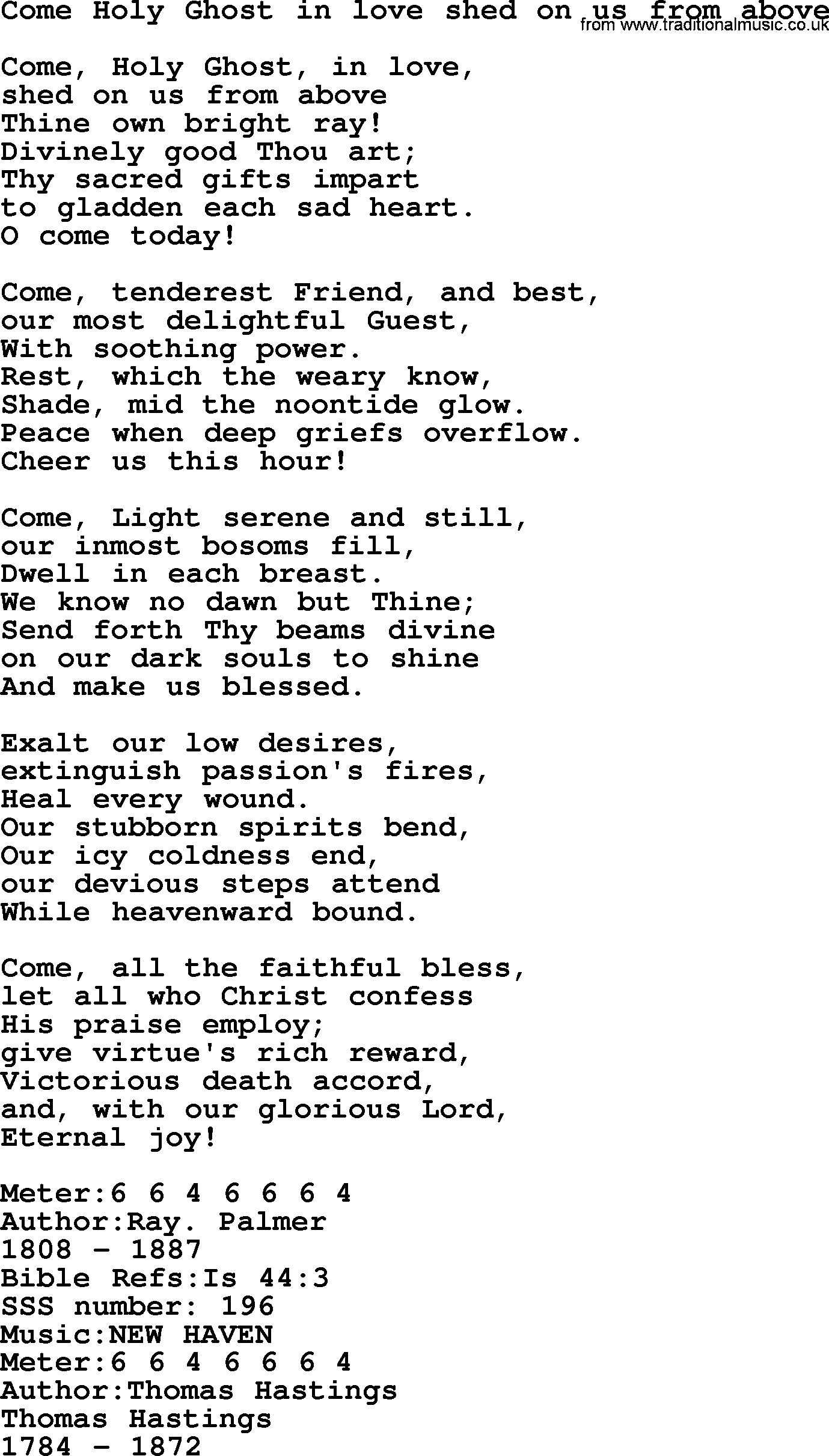 Sacred Songs and Solos complete, 1200 Hymns, title: Come Holy Ghost In Love Shed On Us From Above, lyrics and PDF