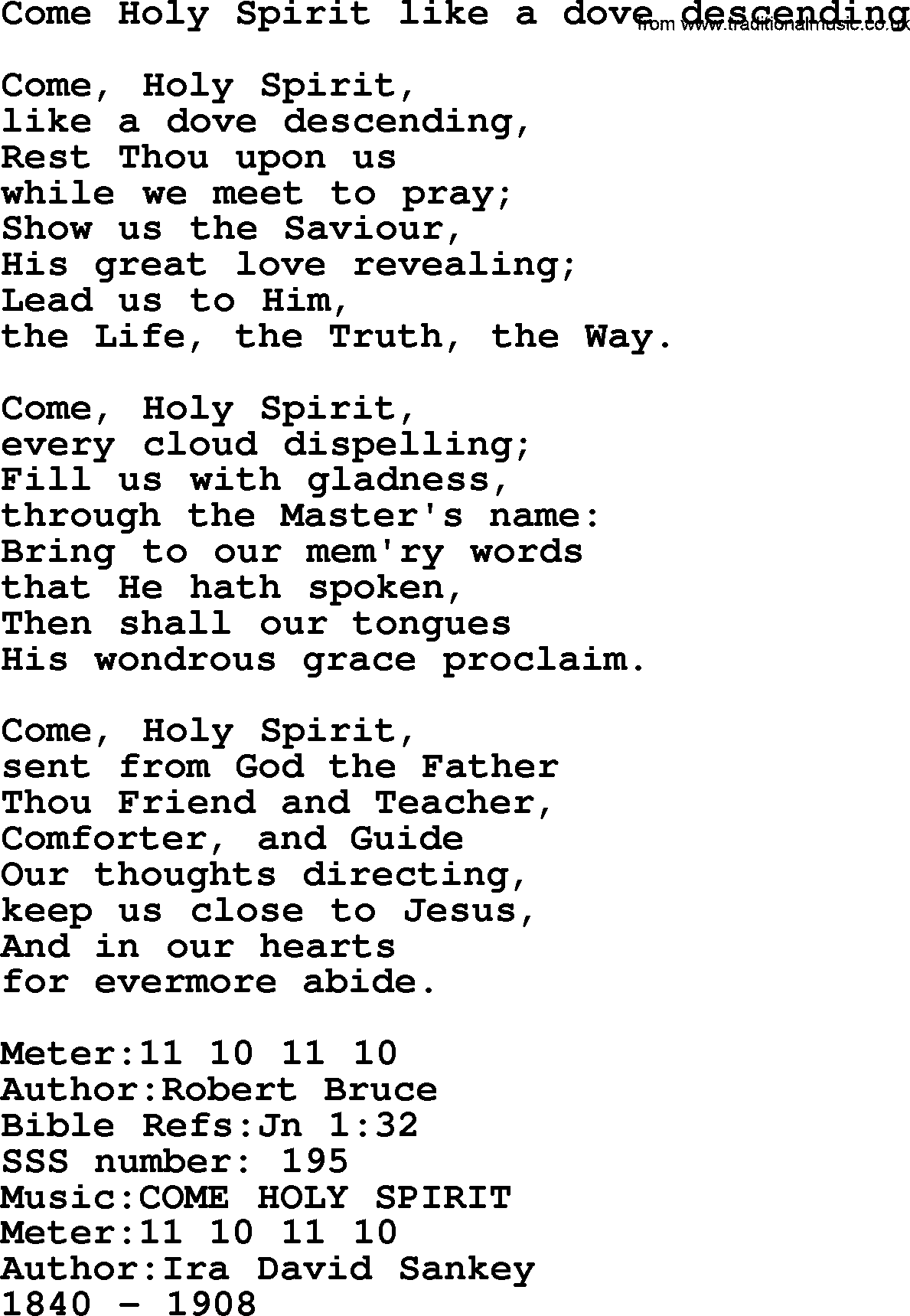 Sacred Songs and Solos complete, 1200 Hymns, title: Come Holy Spirit Like A Dove Descending, lyrics and PDF