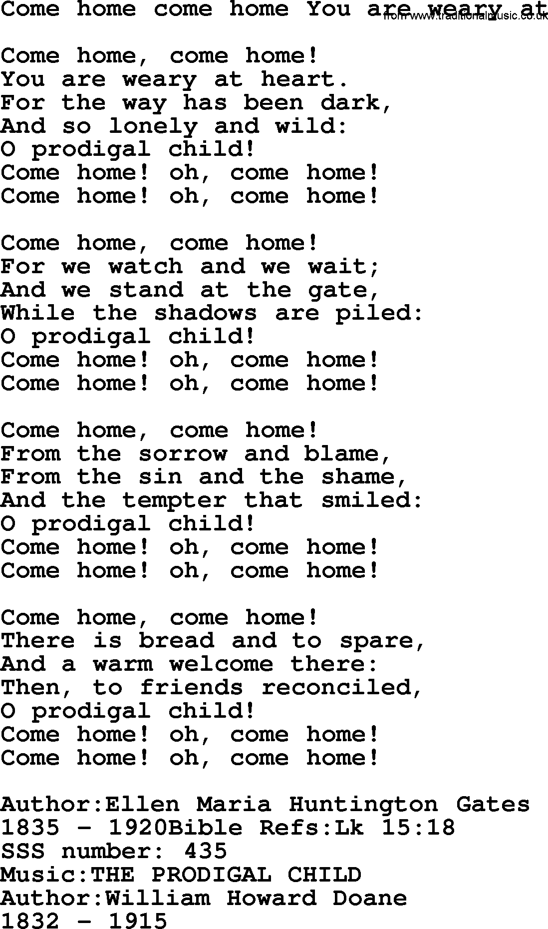 Sacred Songs and Solos complete, 1200 Hymns, title: Come Home Come Home You Are Weary At, lyrics and PDF