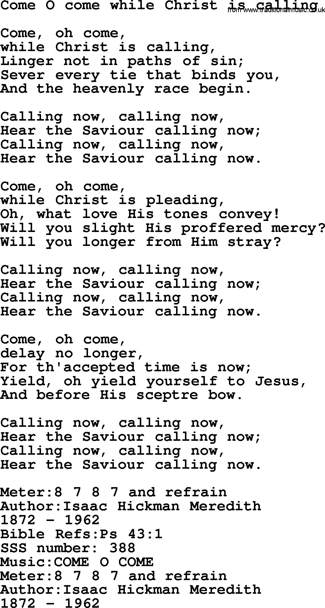 Sacred Songs and Solos complete, 1200 Hymns, title: Come O Come While Christ Is Calling, lyrics and PDF