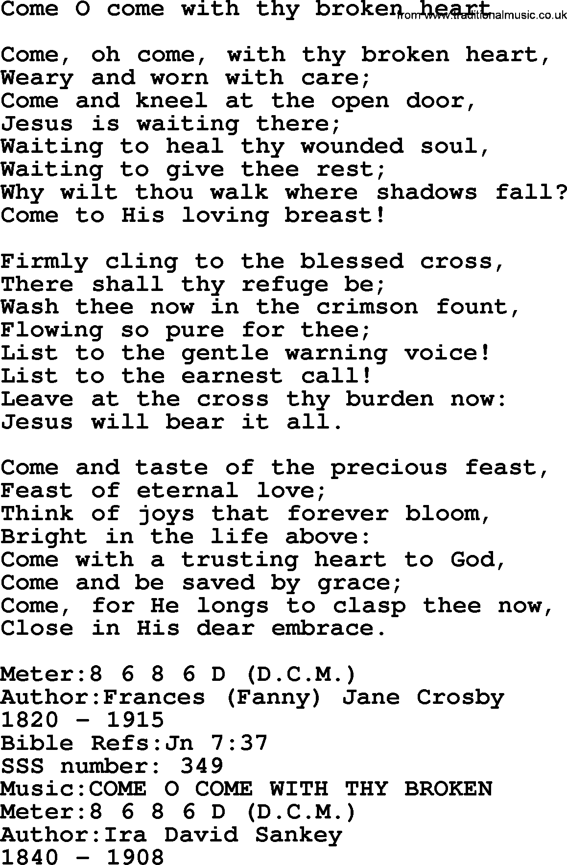 Sacred Songs and Solos complete, 1200 Hymns, title: Come O Come With Thy Broken Heart, lyrics and PDF