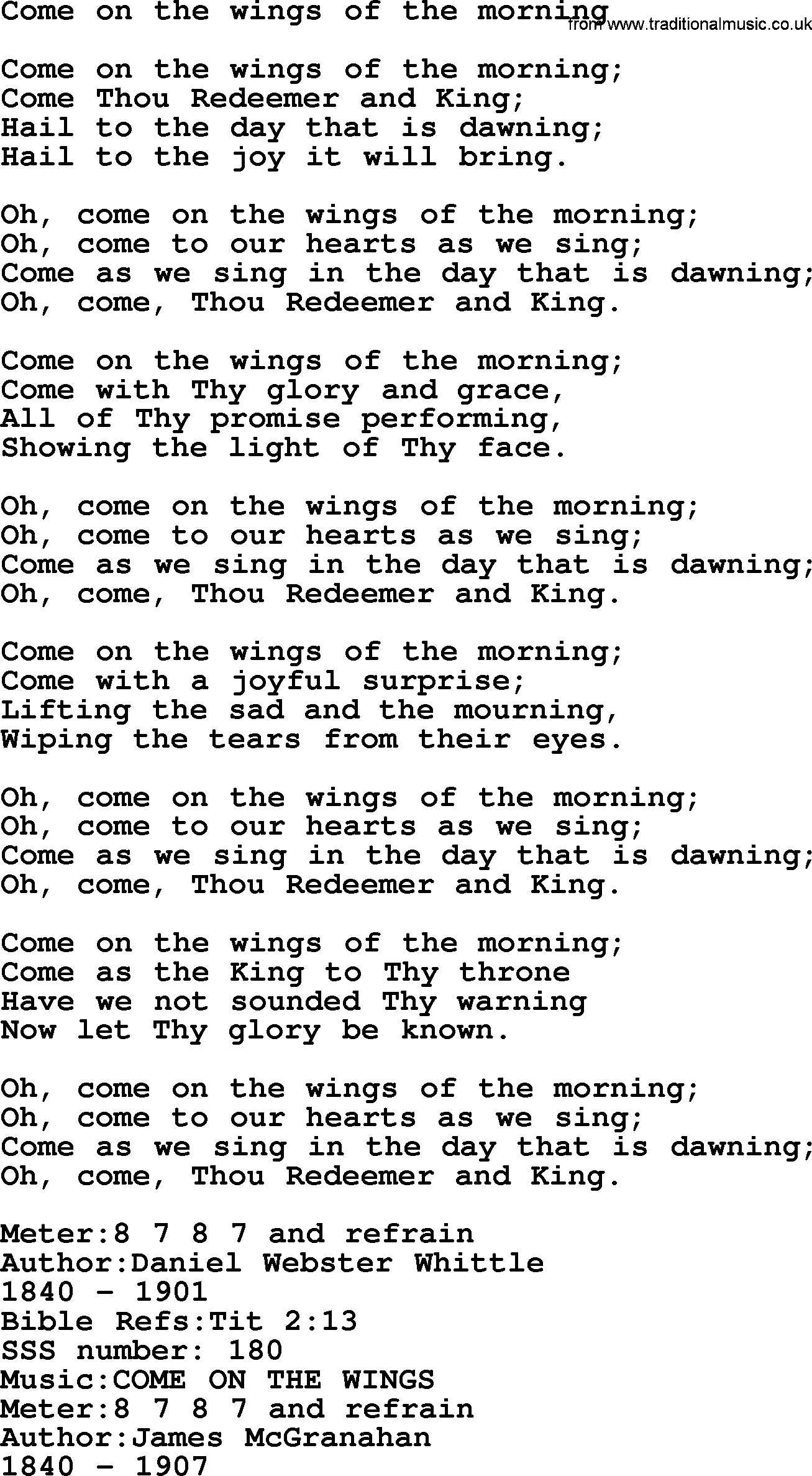 Sacred Songs and Solos complete, 1200 Hymns, title: Come On The Wings Of The Morning, lyrics and PDF