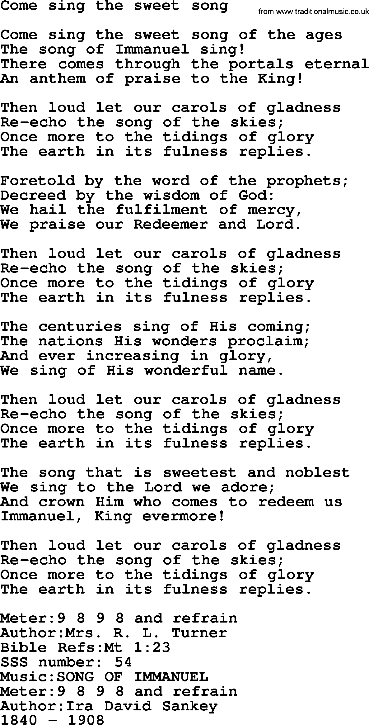 Sacred Songs and Solos complete, 1200 Hymns, title: Come Sing The Sweet Song, lyrics and PDF