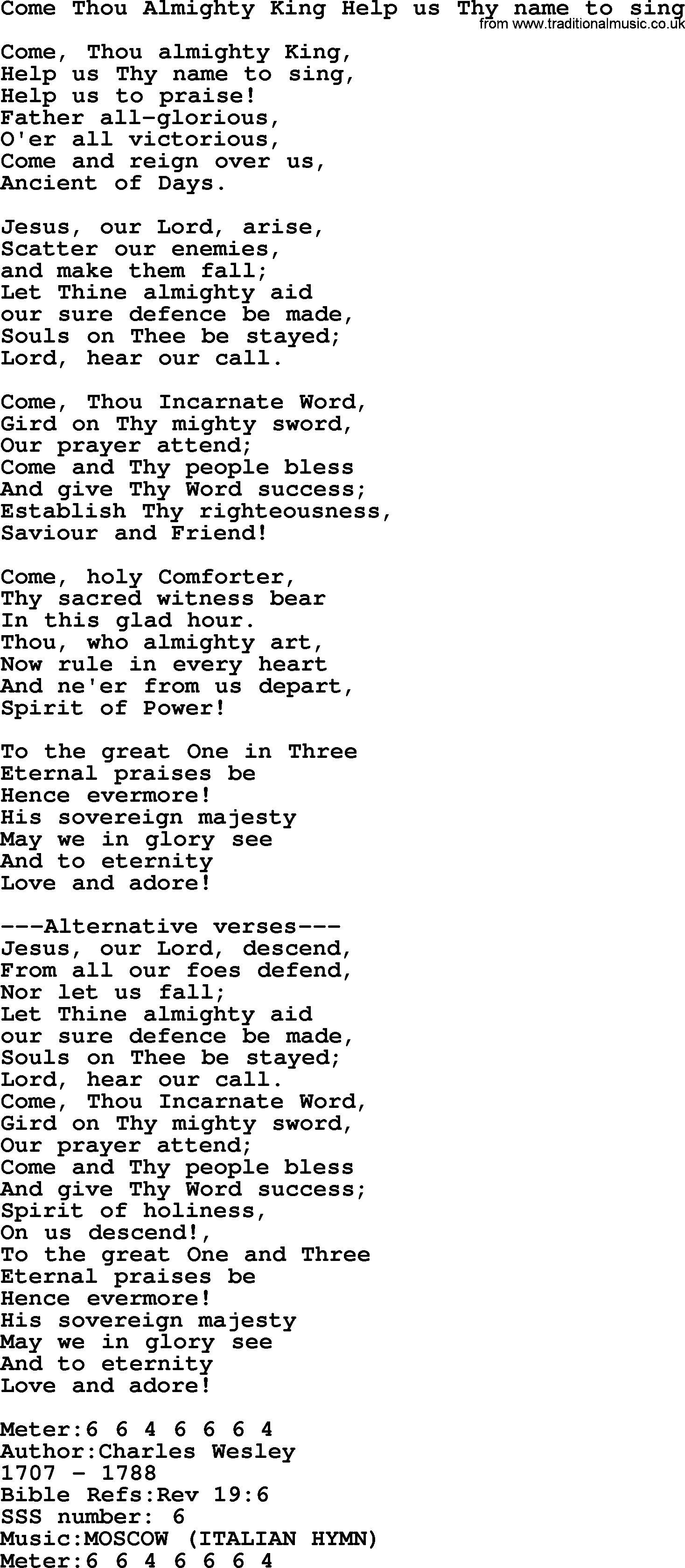 Sacred Songs and Solos complete, 1200 Hymns, title: Come Thou Almighty King Help Us Thy Name To Sing, lyrics and PDF