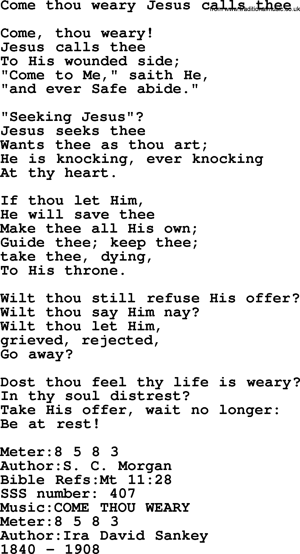 Sacred Songs and Solos complete, 1200 Hymns, title: Come Thou Weary Jesus Calls Thee, lyrics and PDF