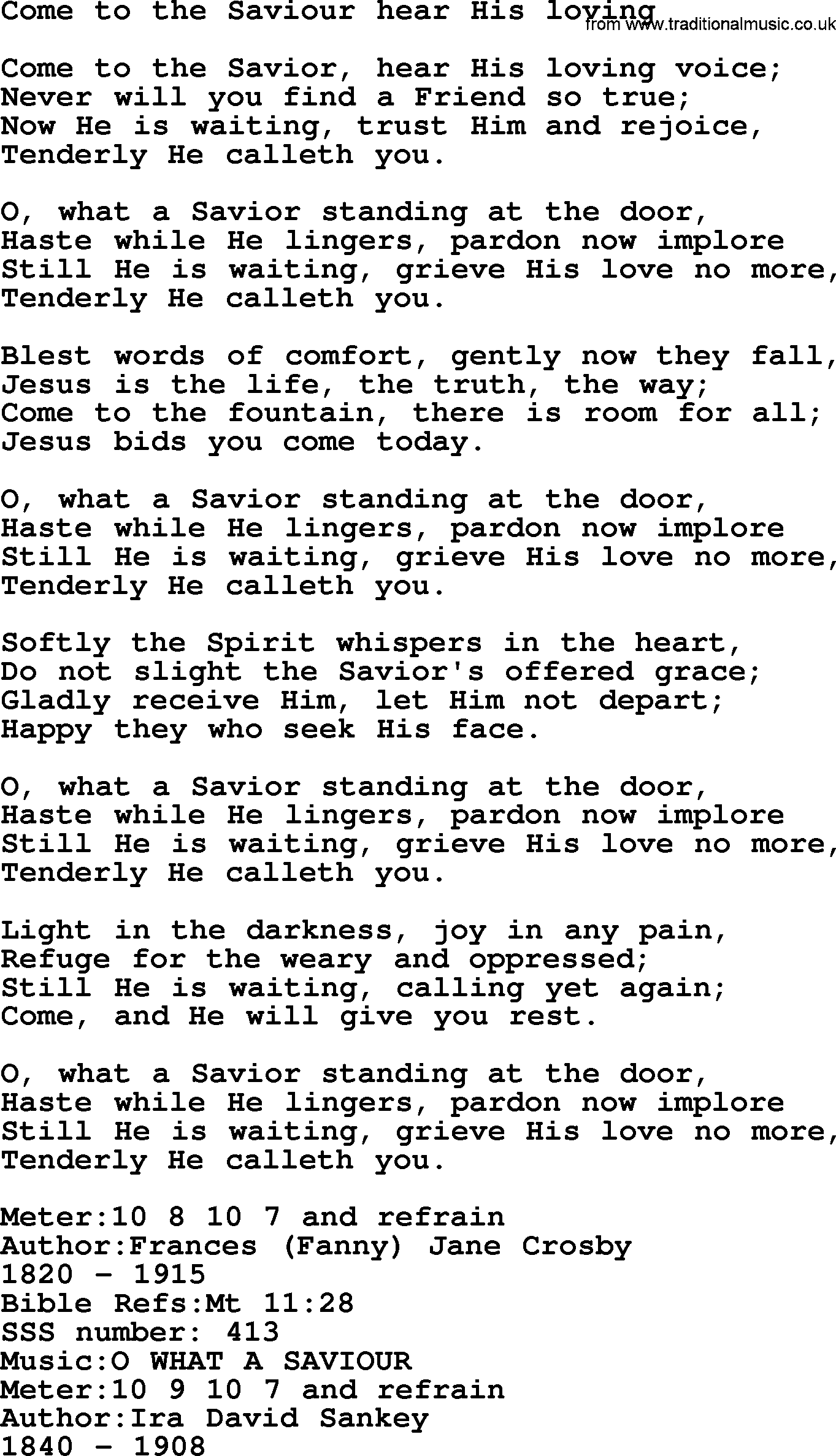 Sacred Songs and Solos complete, 1200 Hymns, title: Come To The Saviour Hear His Loving, lyrics and PDF