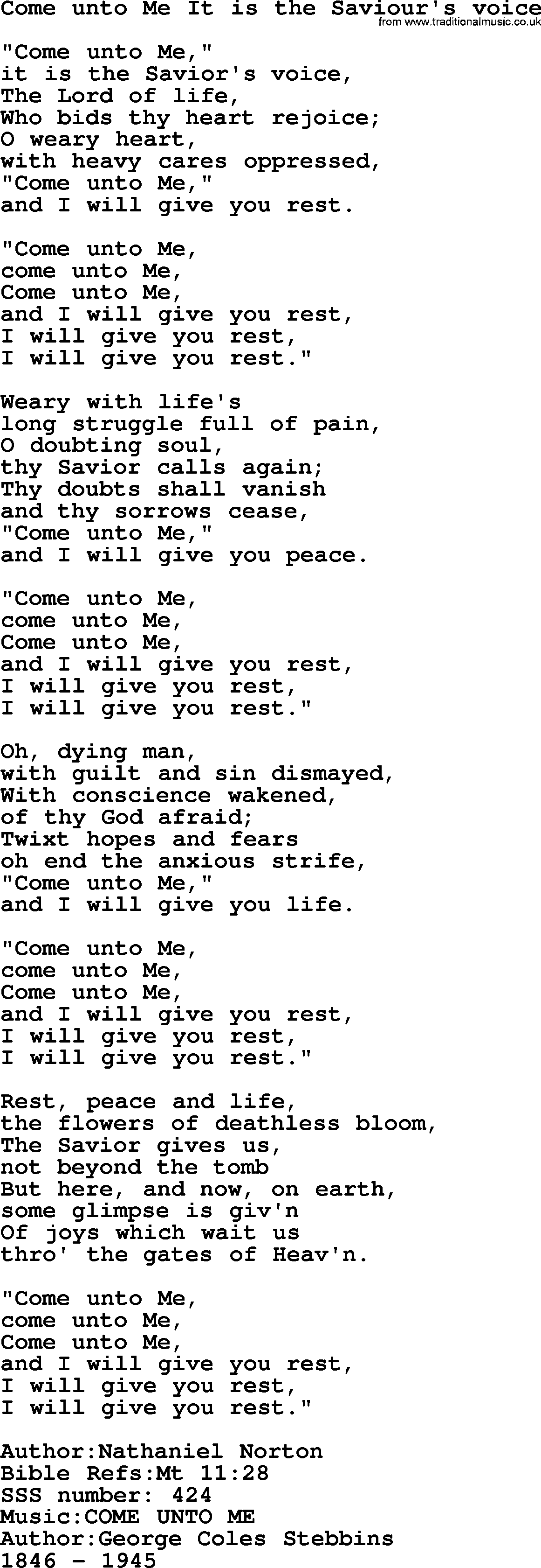 Sacred Songs and Solos complete, 1200 Hymns, title: Come Unto Me It Is The Saviour's Voice, lyrics and PDF
