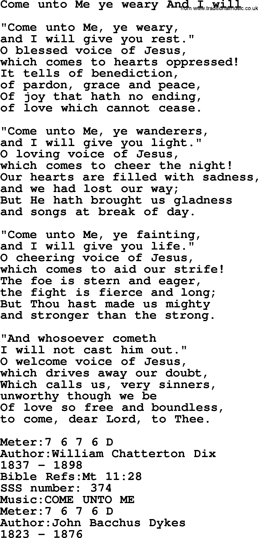 Sacred Songs and Solos complete, 1200 Hymns, title: Come Unto Me Ye Weary And I Will, lyrics and PDF