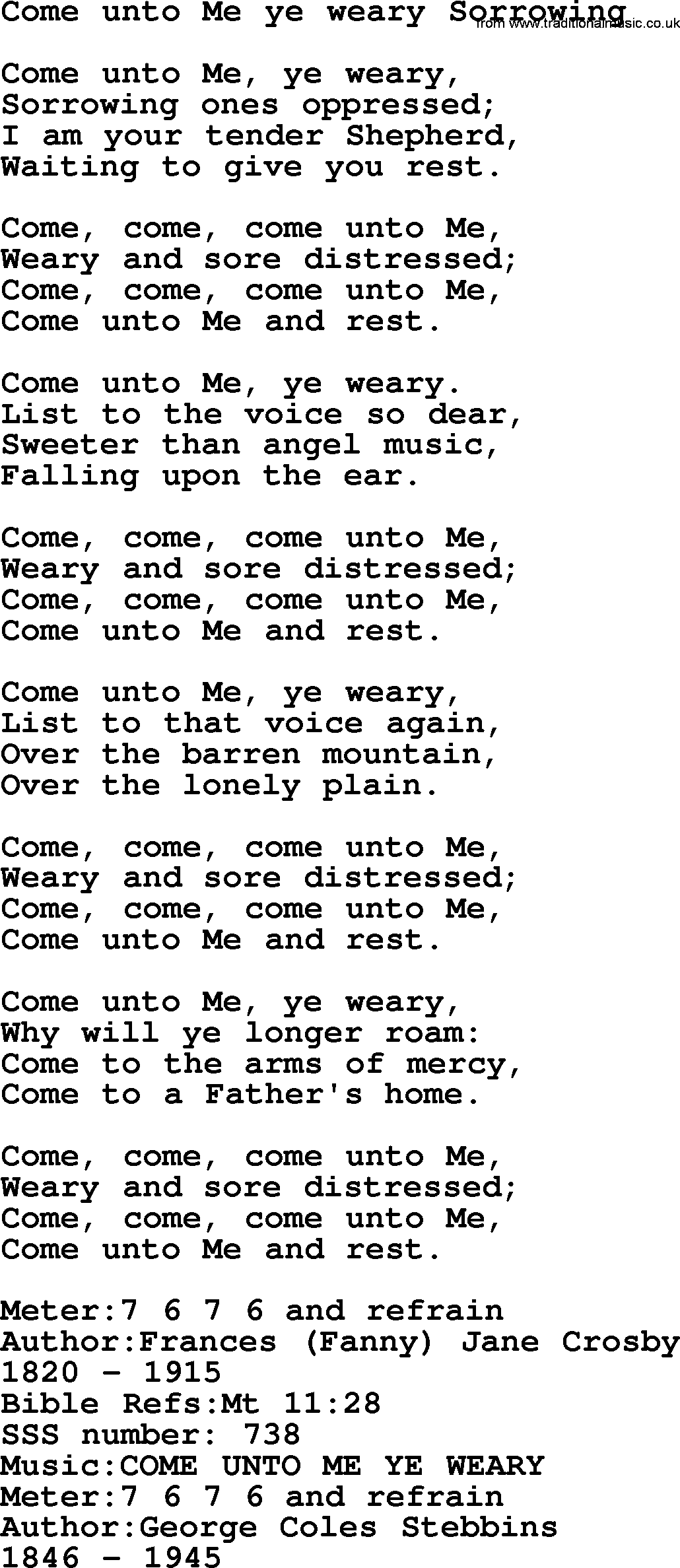Sacred Songs and Solos complete, 1200 Hymns, title: Come Unto Me Ye Weary Sorrowing, lyrics and PDF