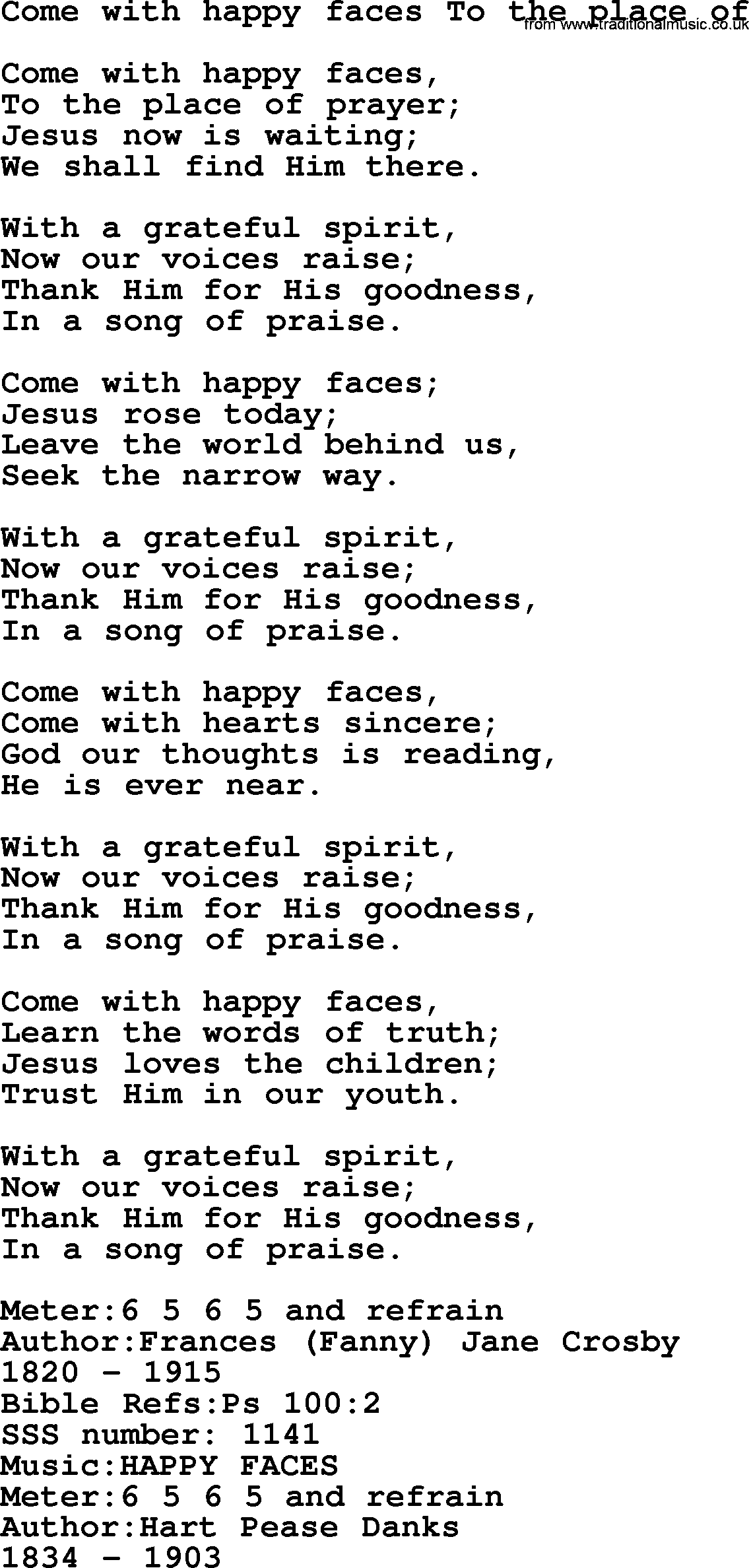 Sacred Songs and Solos complete, 1200 Hymns, title: Come With Happy Faces To The Place Of, lyrics and PDF