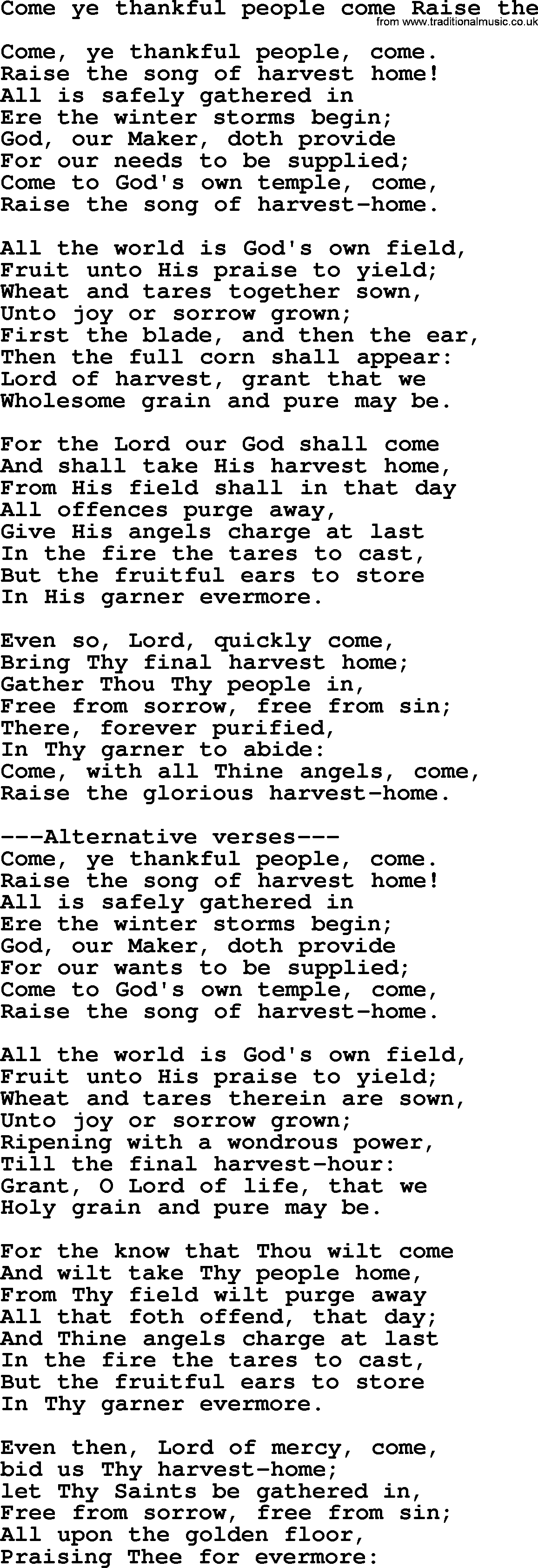 Sacred Songs and Solos complete, 1200 Hymns, title: Come Ye Thankful People Come Raise The, lyrics and PDF