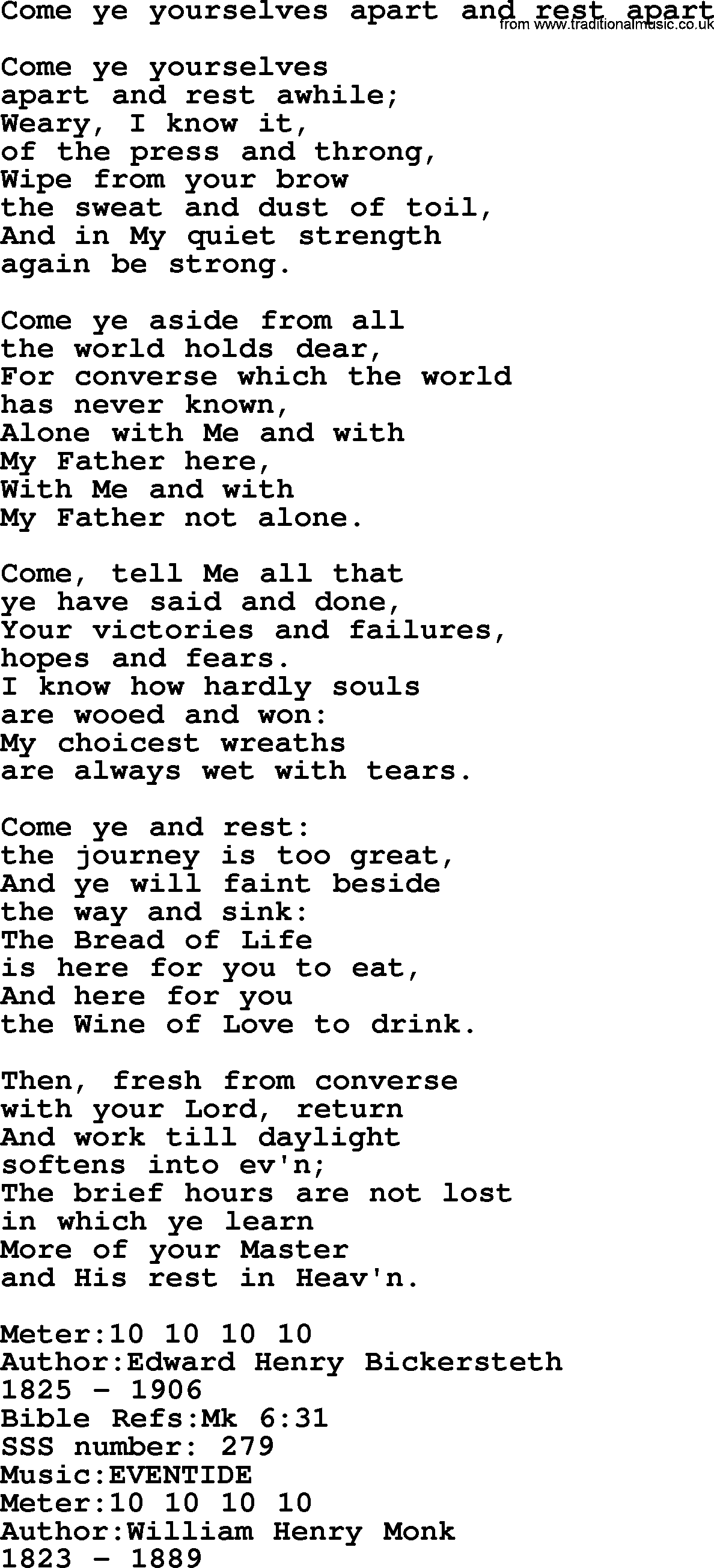 Sacred Songs and Solos complete, 1200 Hymns, title: Come Ye Yourselves Apart And Rest Apart, lyrics and PDF