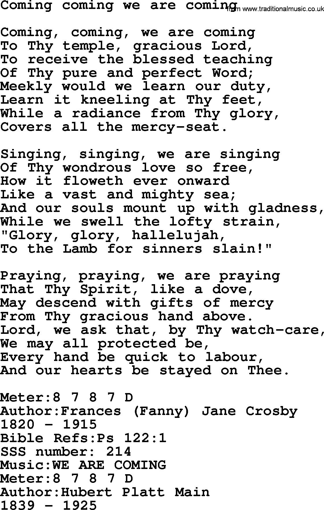 Sacred Songs and Solos complete, 1200 Hymns, title: Coming Coming We Are Coming, lyrics and PDF