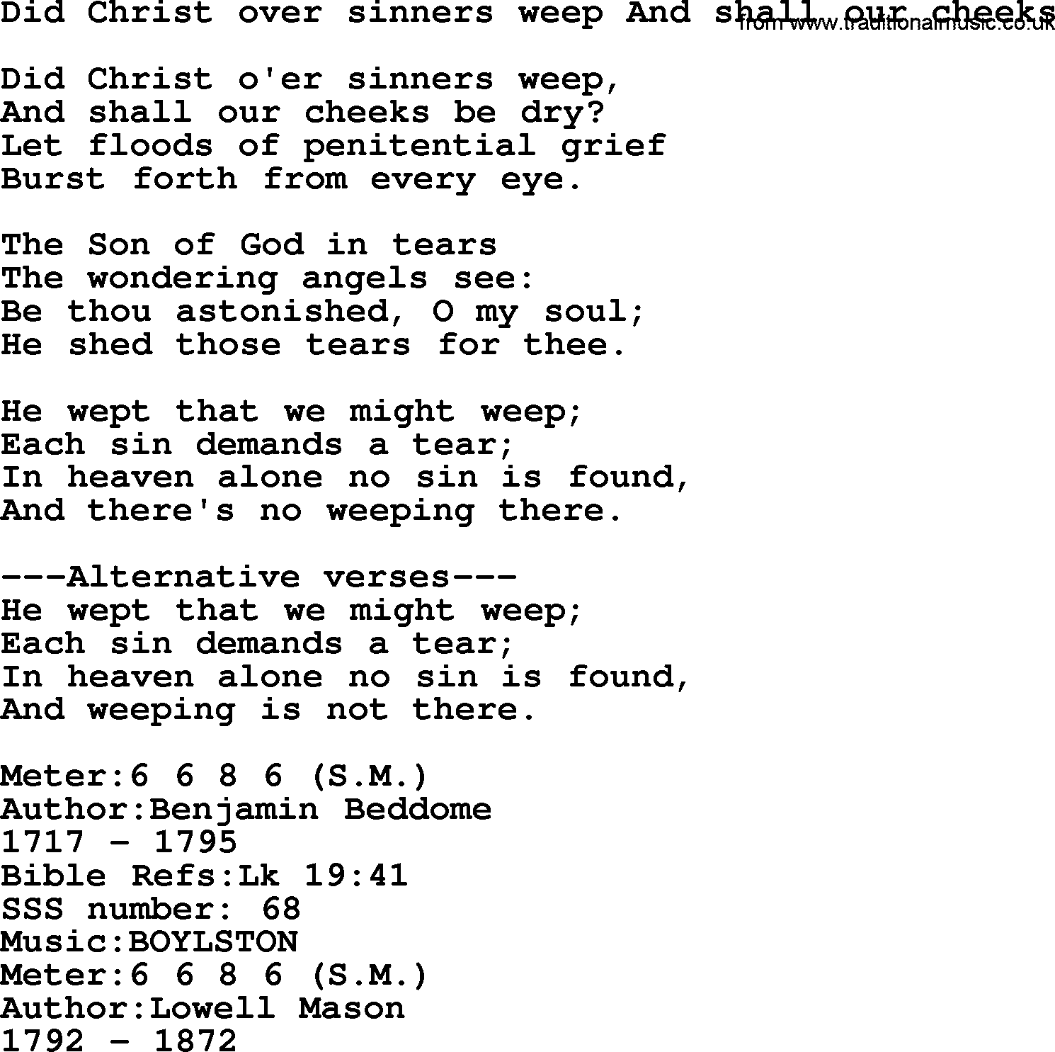 Sacred Songs and Solos complete, 1200 Hymns, title: Did Christ Over Sinners Weep And Shall Our Cheeks, lyrics and PDF