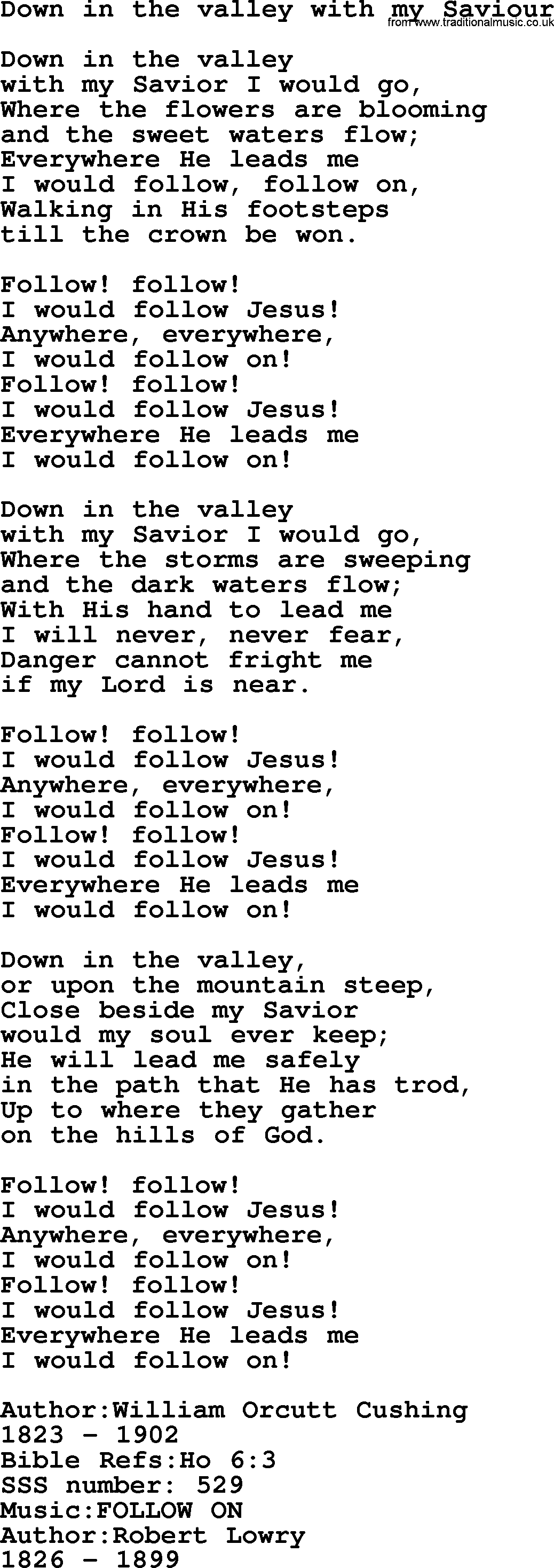 Sacred Songs and Solos complete, 1200 Hymns, title: Down In The Valley With My Saviour, lyrics and PDF