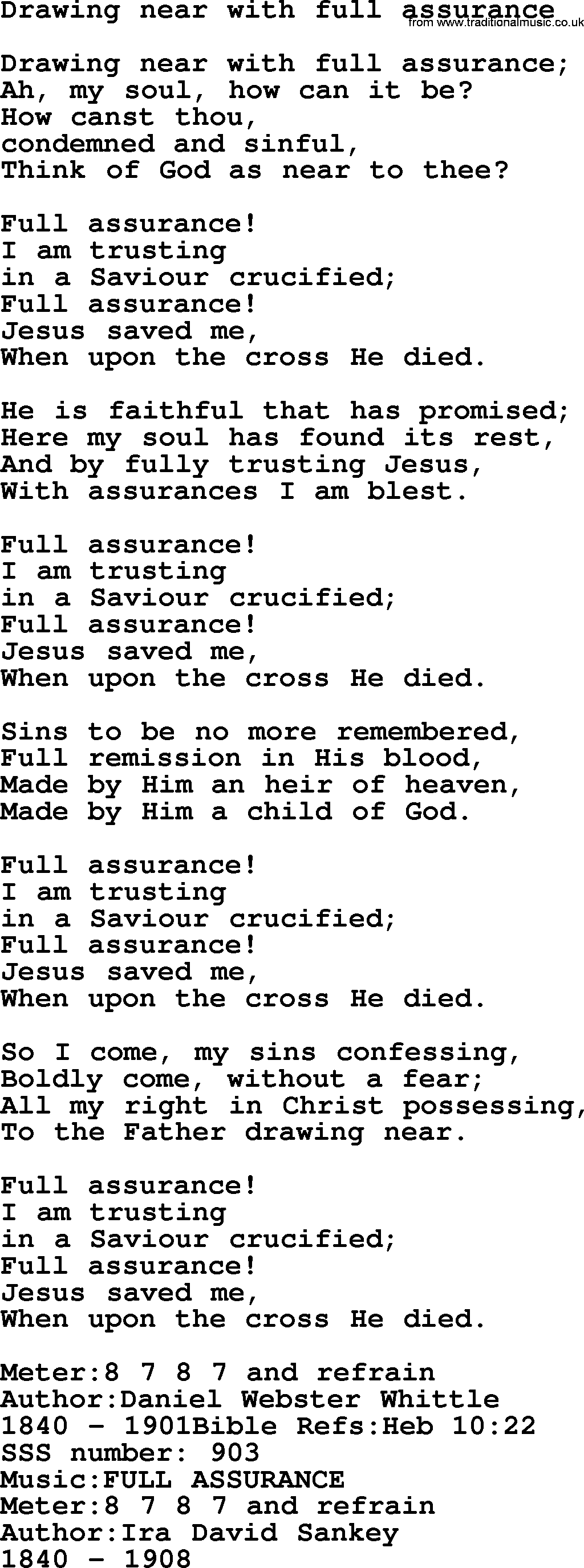 Sacred Songs and Solos complete, 1200 Hymns, title: Drawing Near With Full Assurance, lyrics and PDF